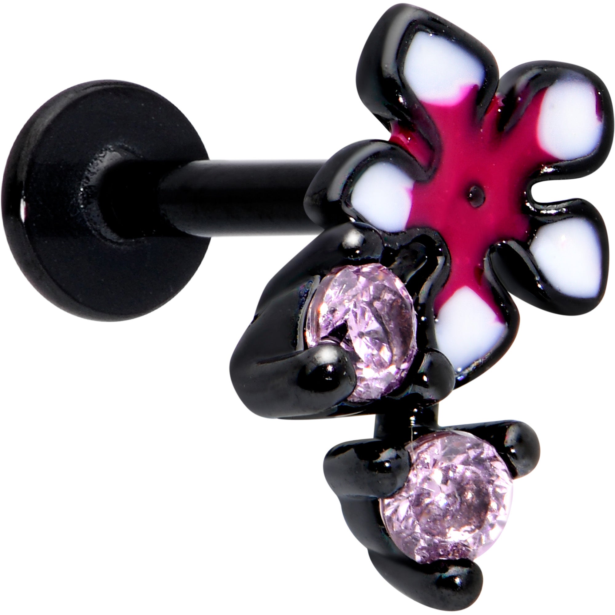 16G 5/16 Pink Gem Black Fanciful Flower Labret Monroe Tragus