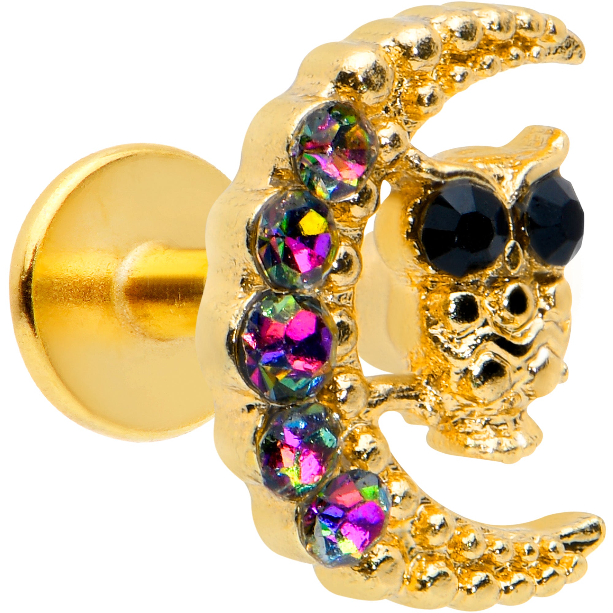 16G 1/4 Aurora Black Gem Gold Tone Owl Moon Labret Monroe Tragus