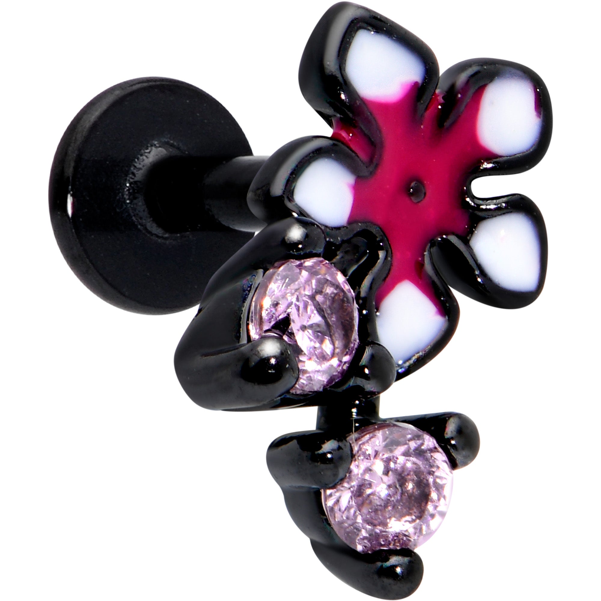 16G 1/4 Pink Gem Black Fanciful Flower Labret Monroe Tragus