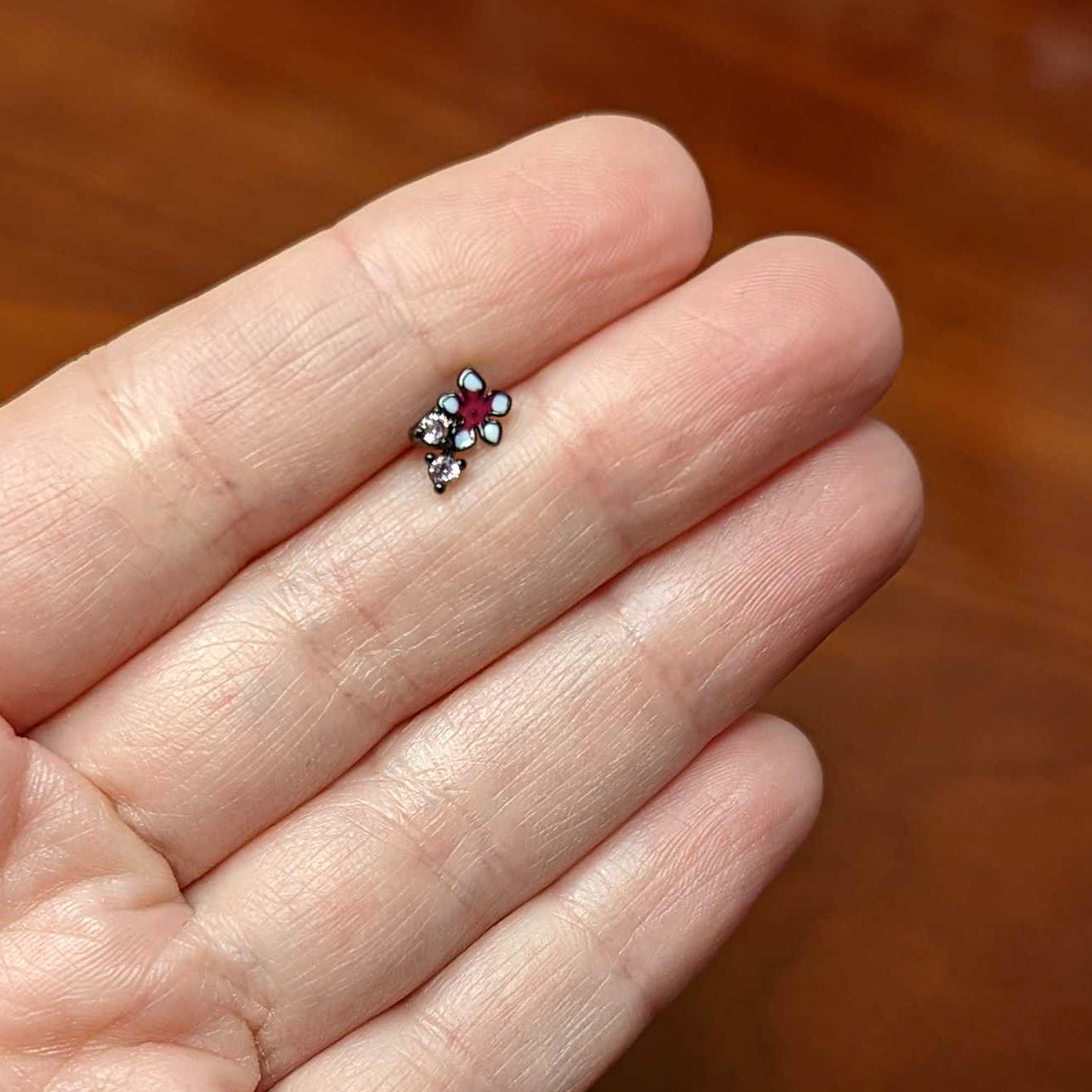 16G 1/4 Pink Gem Black Fanciful Flower Labret Monroe Tragus