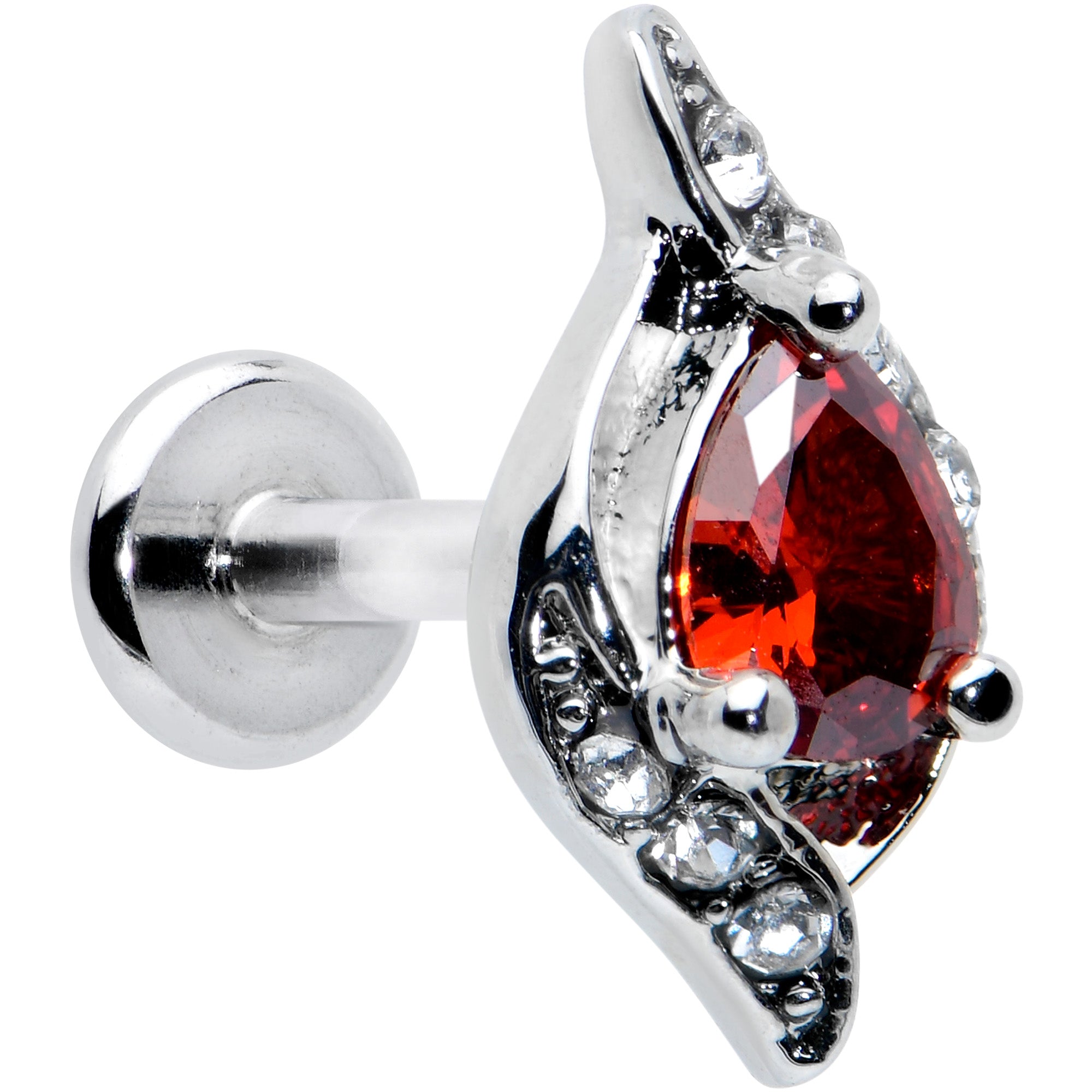 16G 1/4 Clear Red Gem Swirling Oval Labret Monroe Tragus