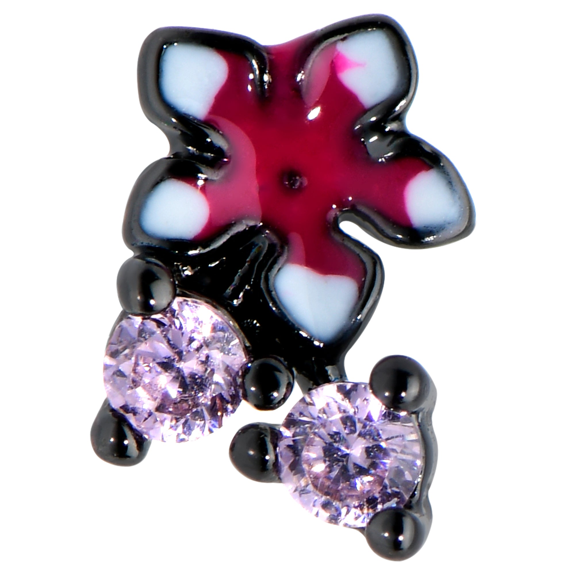 20G 1/4 Pink Gem Fanciful Black Flower Nose Bone