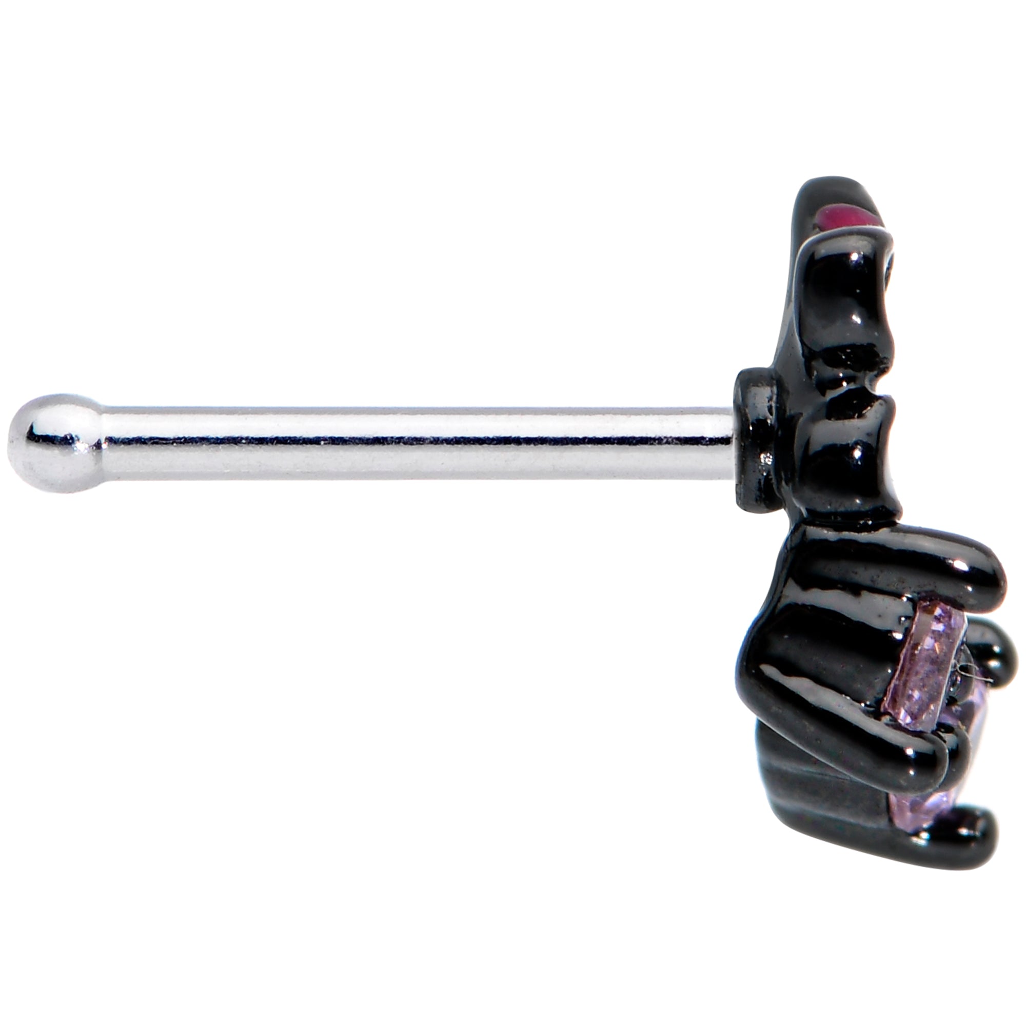 20G 1/4 Pink Gem Fanciful Black Flower Nose Bone