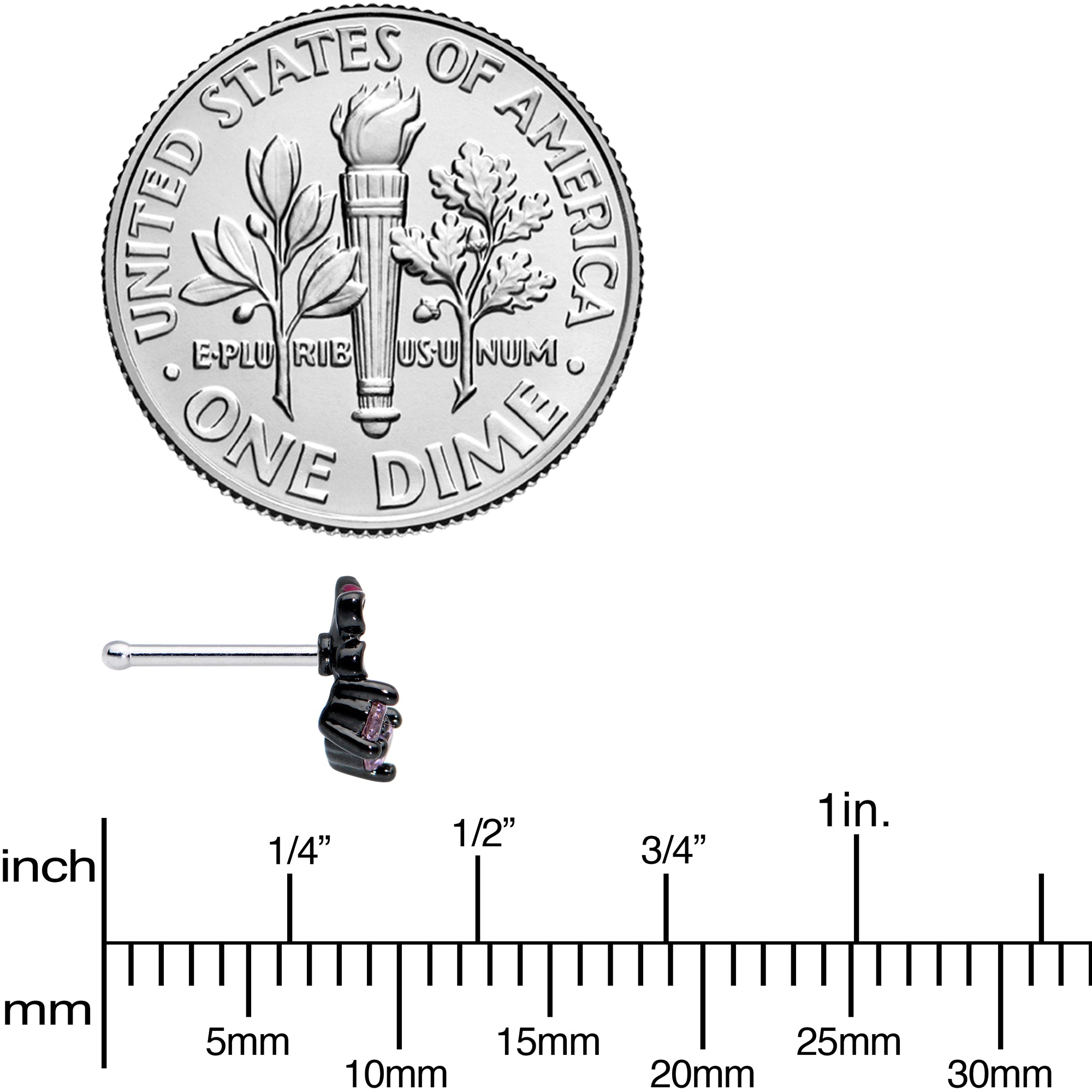 20G 1/4 Pink Gem Fanciful Black Flower Nose Bone