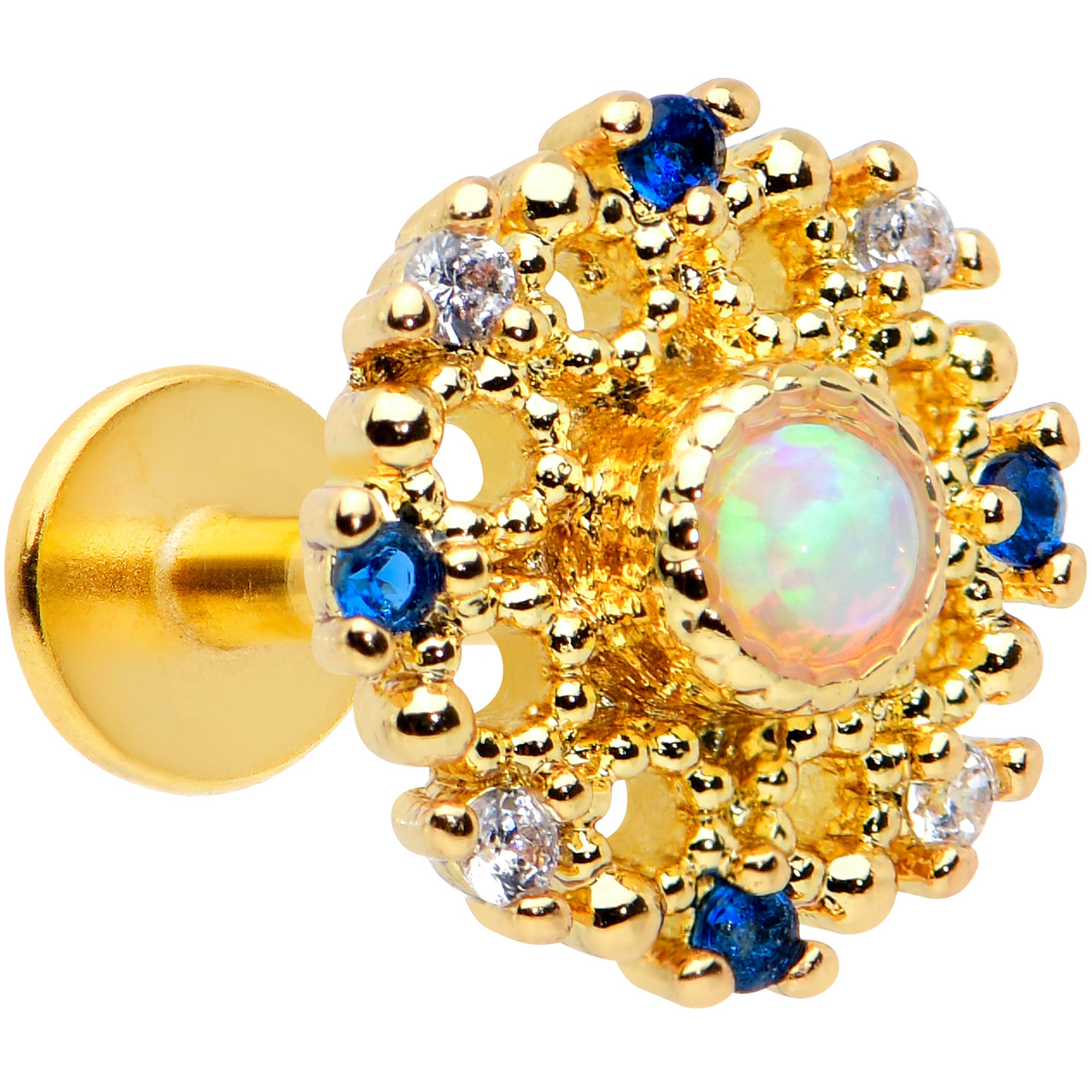 16G 1/4 White Synthetic Opal Gold Tone Sun Labret Monroe Tragus