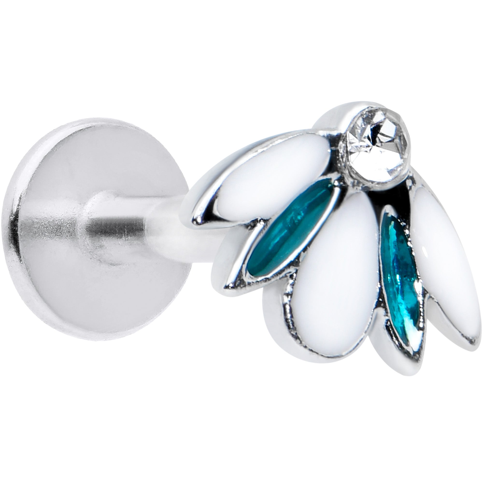 16G 1/4 Clear Blue Gem White Leaves Labret Monroe Tragus