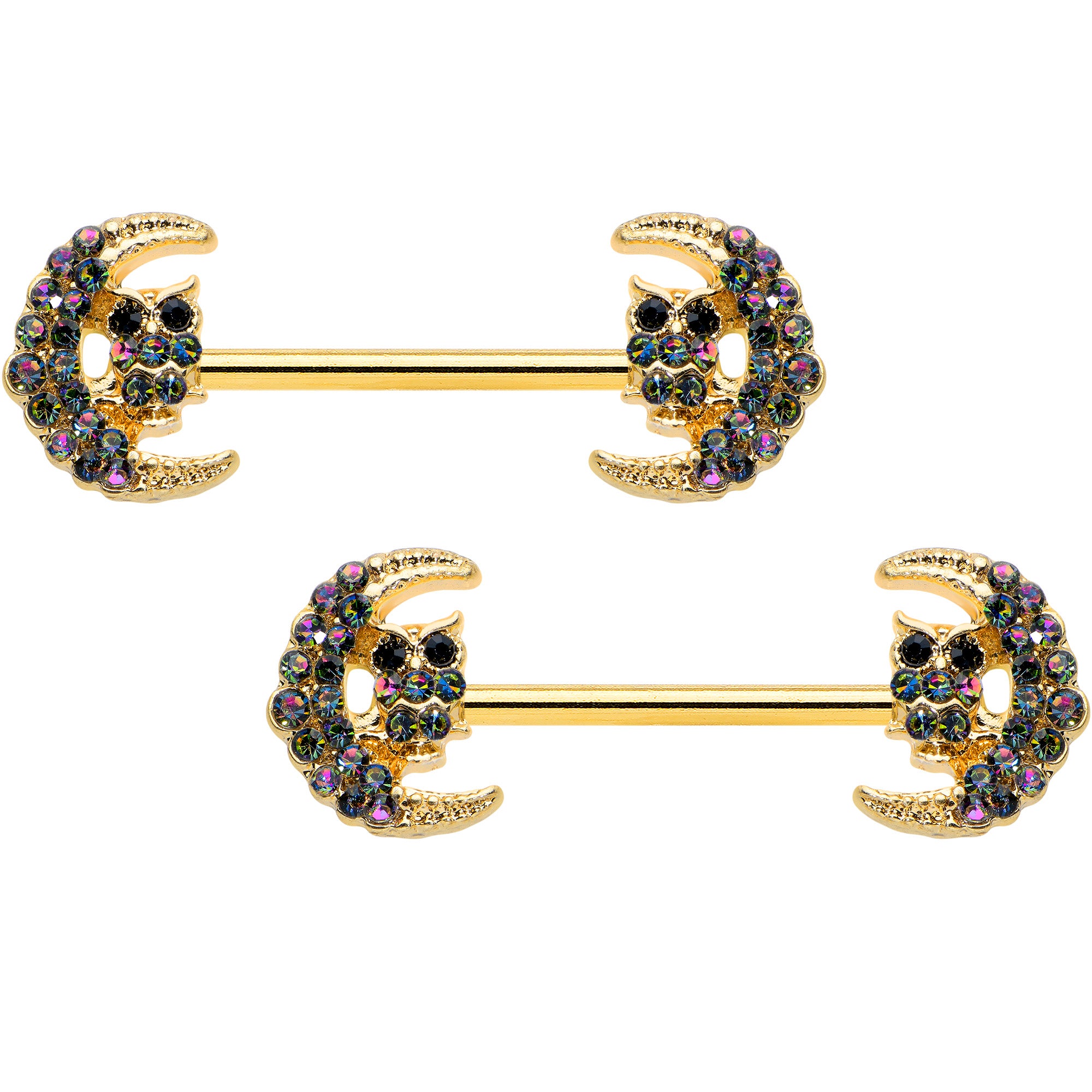 14G 5/8 Aurora Gem Gold Tone Owl Moon Barbell Nipple Ring Set