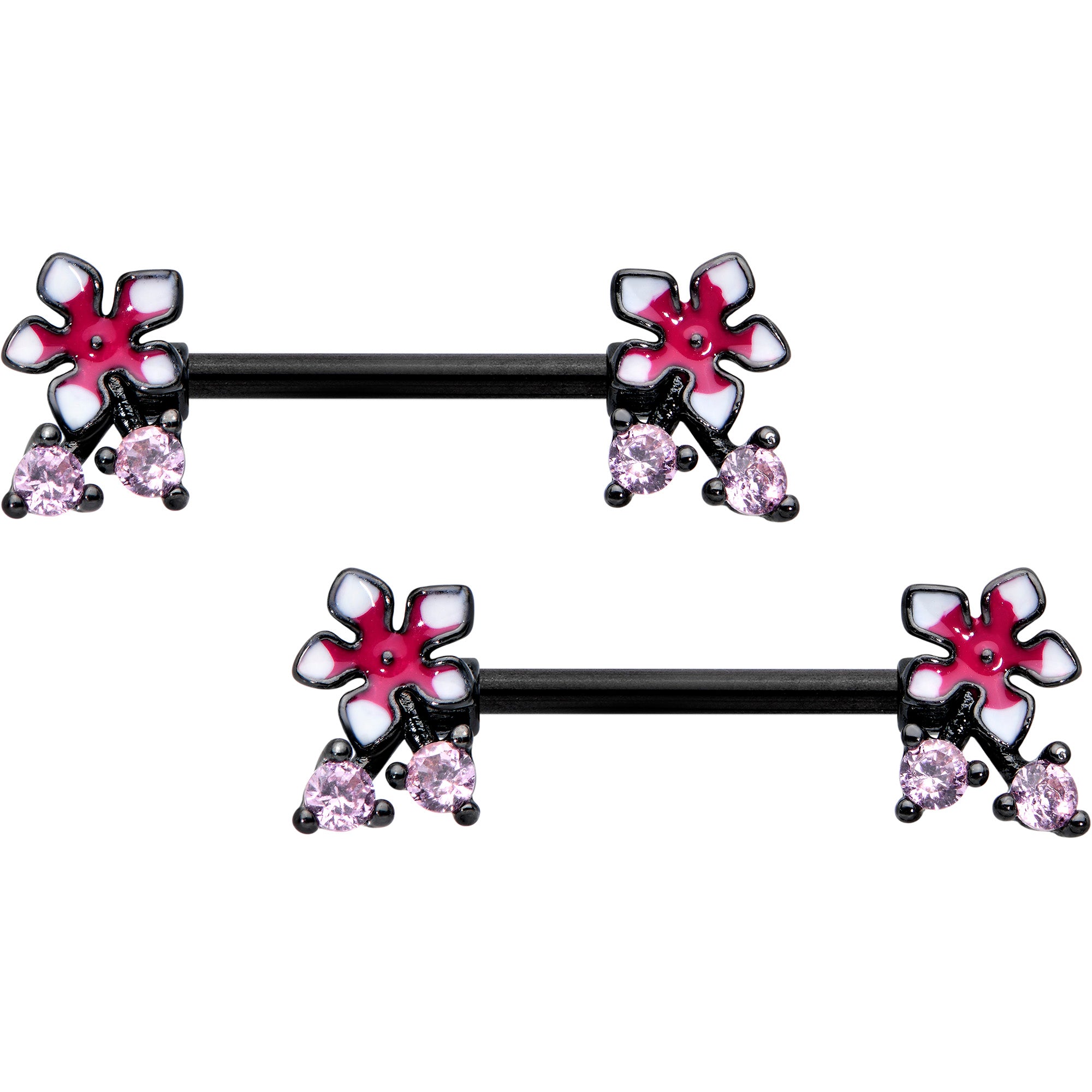 14G 9/16 Pink Gem Black Fanciful Flower Barbell Nipple Ring Set