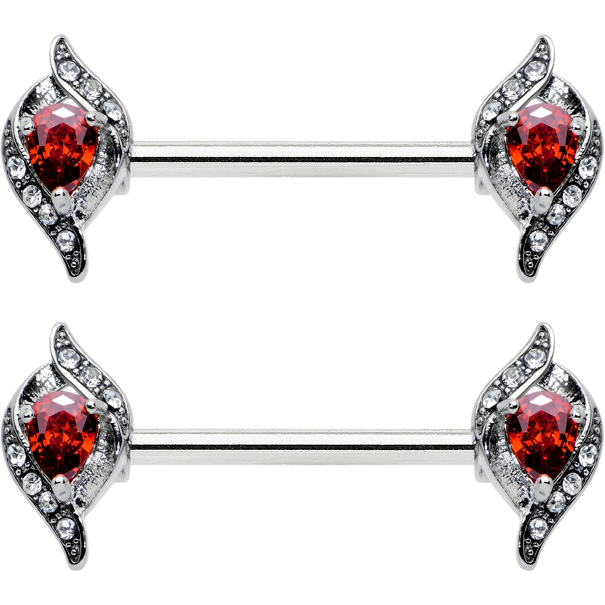 14G 9/16 Clear Red Gem Swirling Oval Barbell Nipple Ring Set