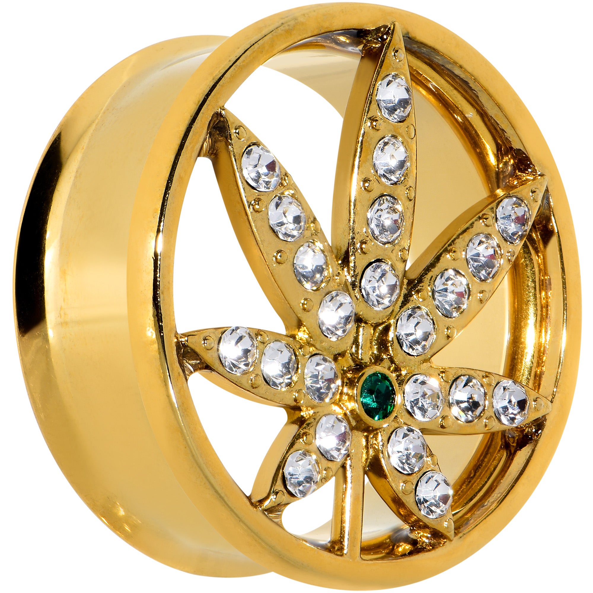 Green Gem Gold Tone Pot Leaf Double Flare Tunnel Plug Set