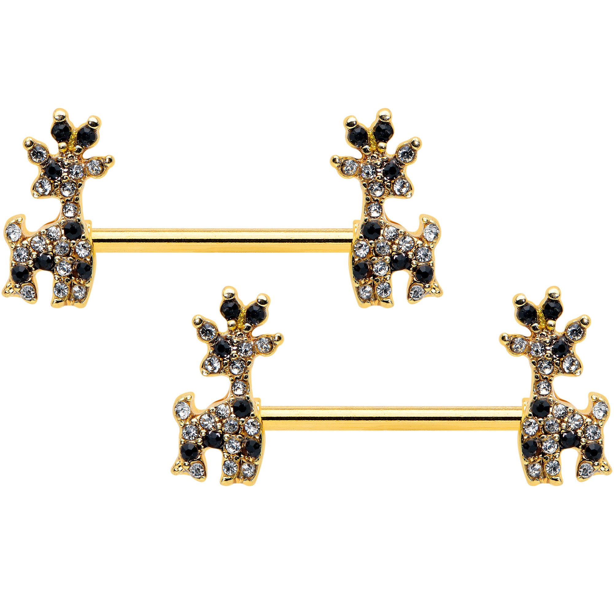 14G 9/16 Black Gem Gold Tone Decadent Deer Nipple Ring Set