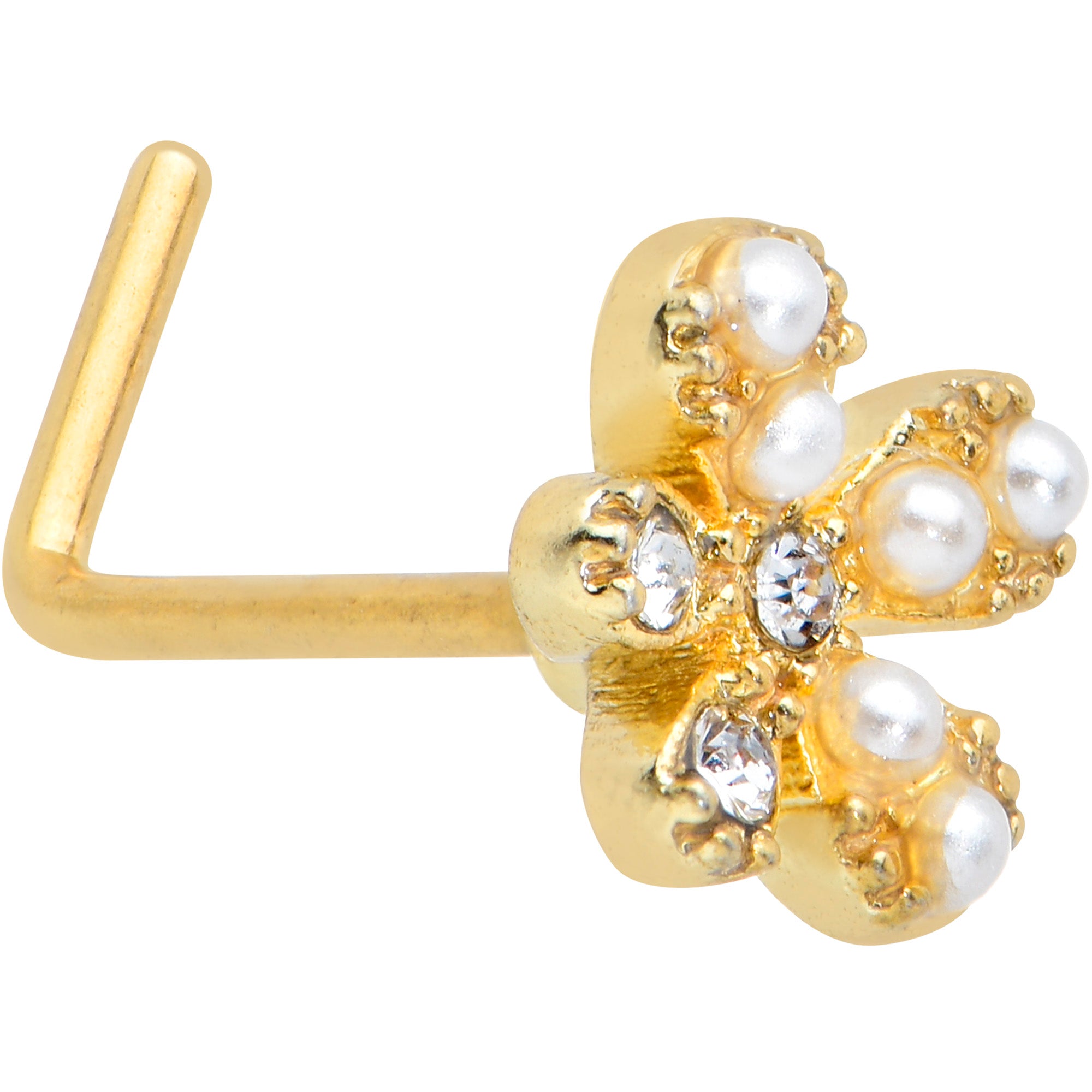 20G 1/4 Clear Gem Gold Tone Stylish Splat L Shape Nose Ring