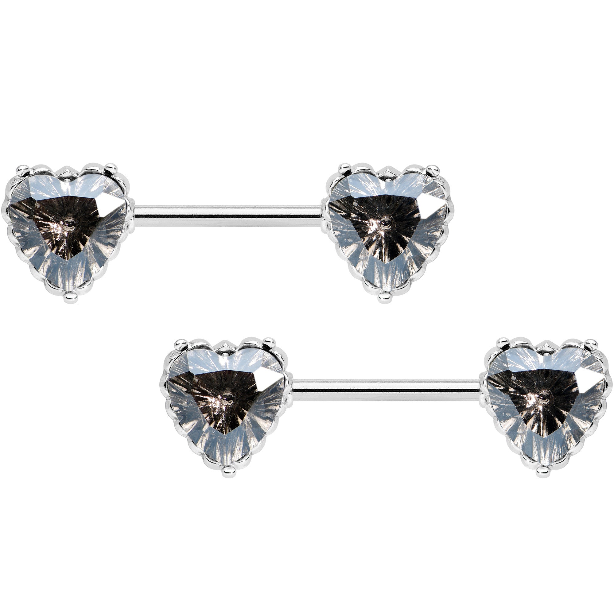 14G 9/16 Grey CZ Gem Heart Valentines Day Nipple Ring Set