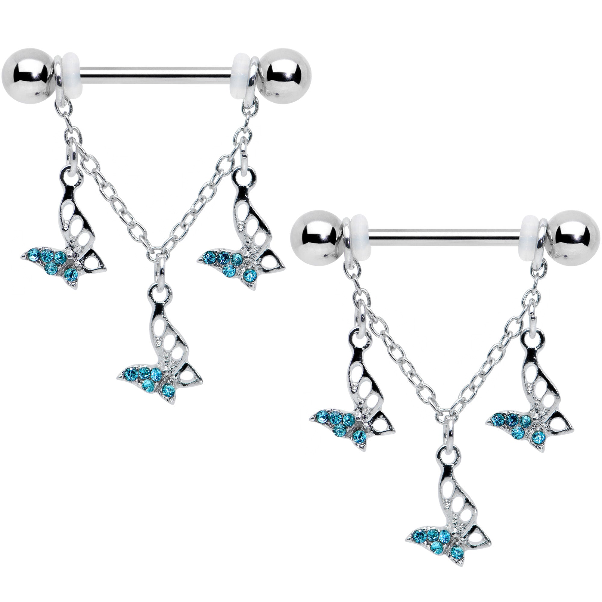 14G 9/16 Blue Gem Open Butterfly Chain Dangle Nipple Ring Set