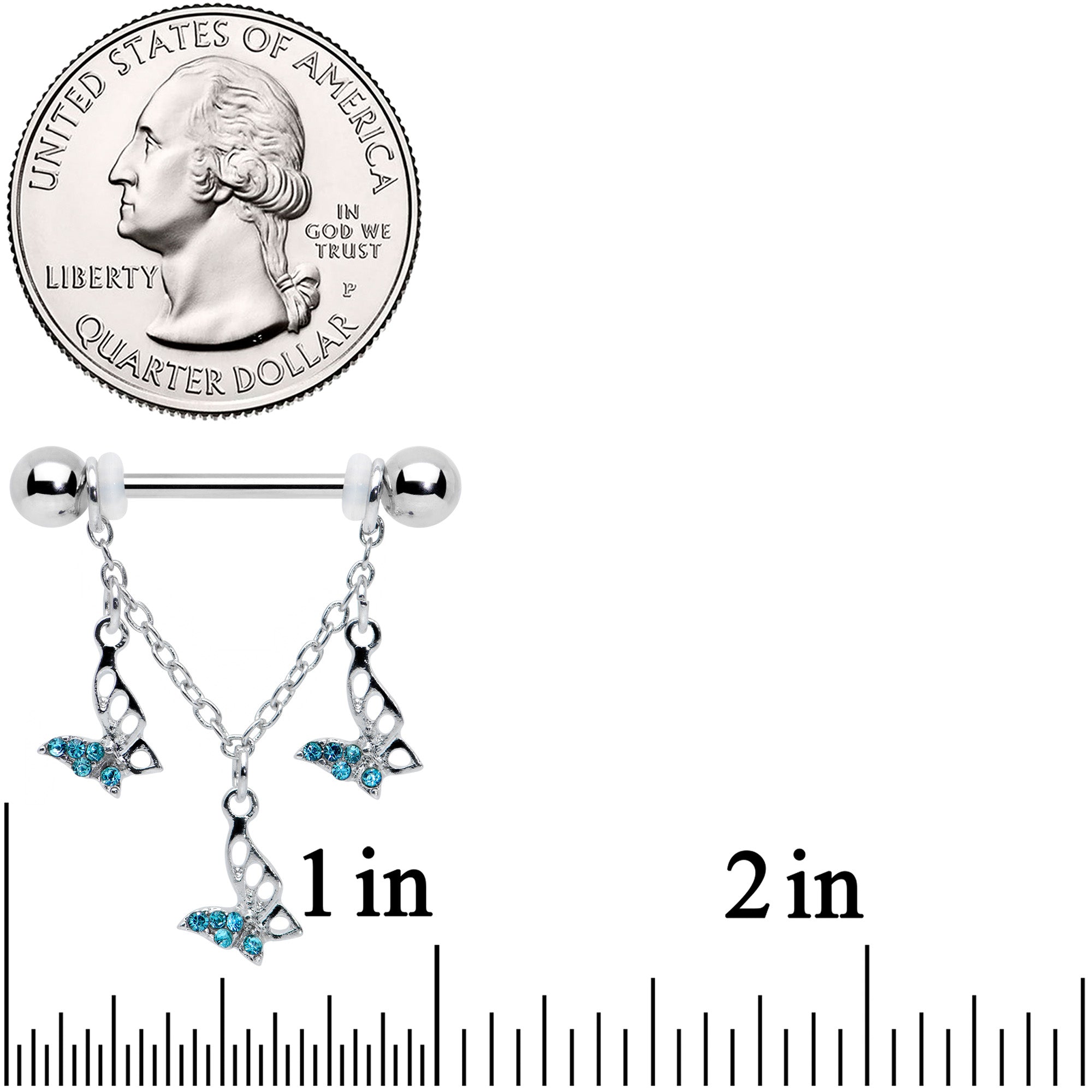 14G 9/16 Blue Gem Open Butterfly Chain Dangle Nipple Ring Set