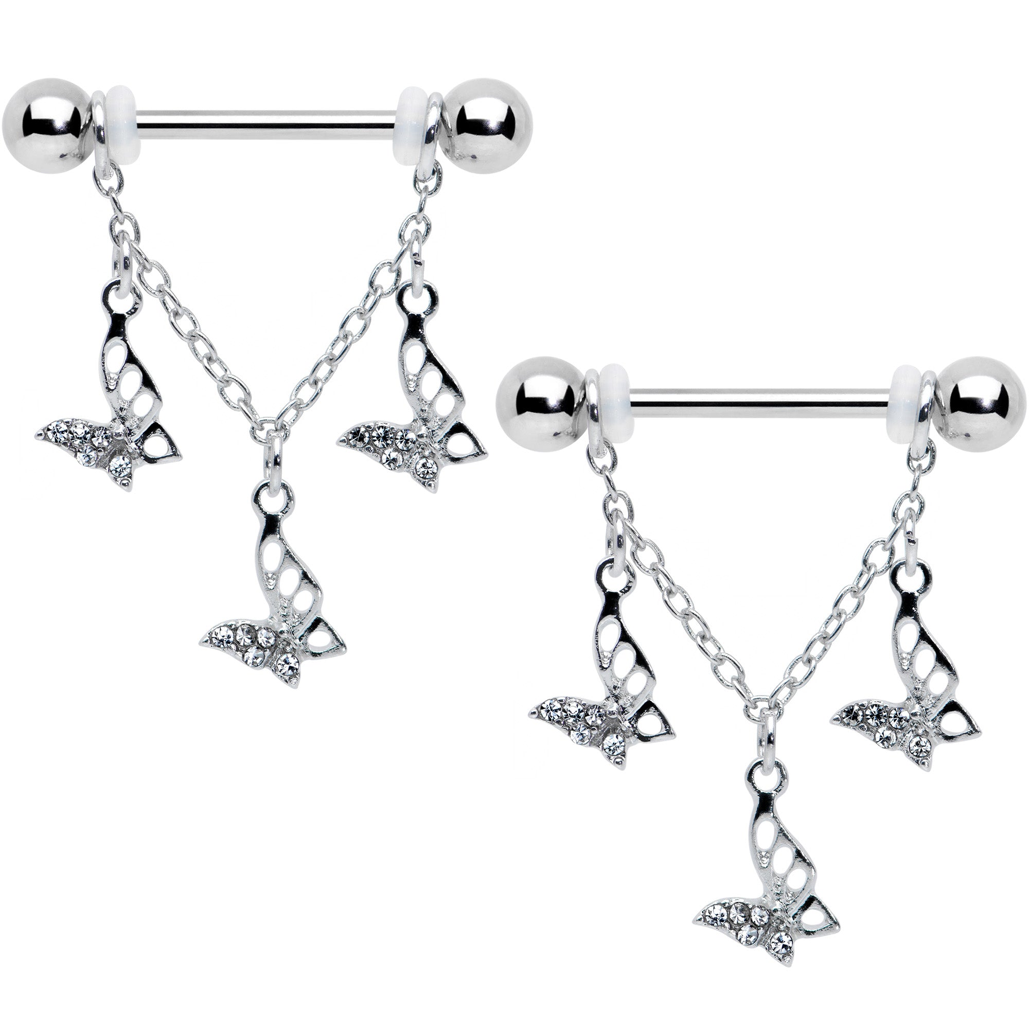 14G 9/16 Clear Gem Open Butterfly Chain Dangle Nipple Ring Set