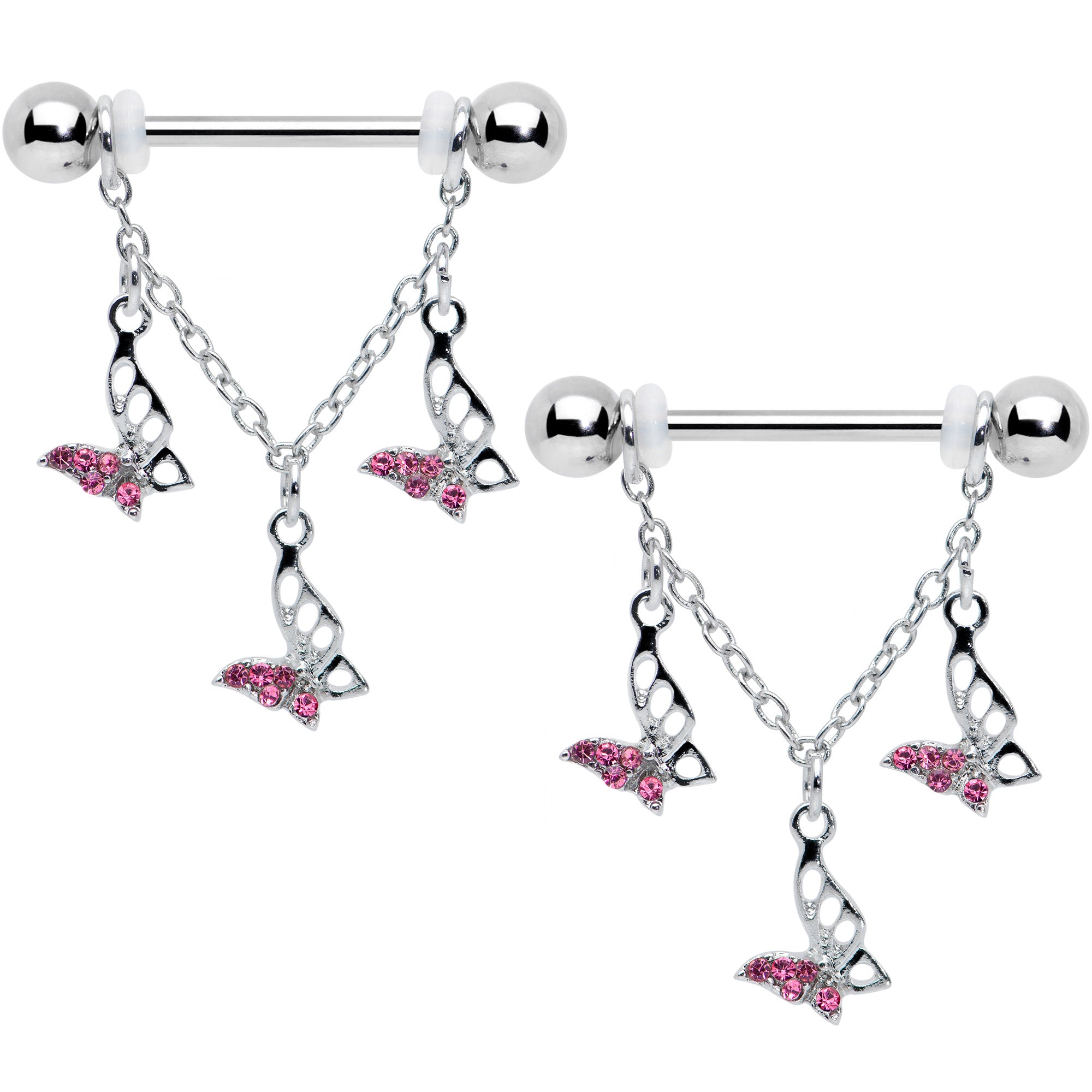 14G 9/16 Pink Gem Open Butterfly Chain Dangle Nipple Ring Set