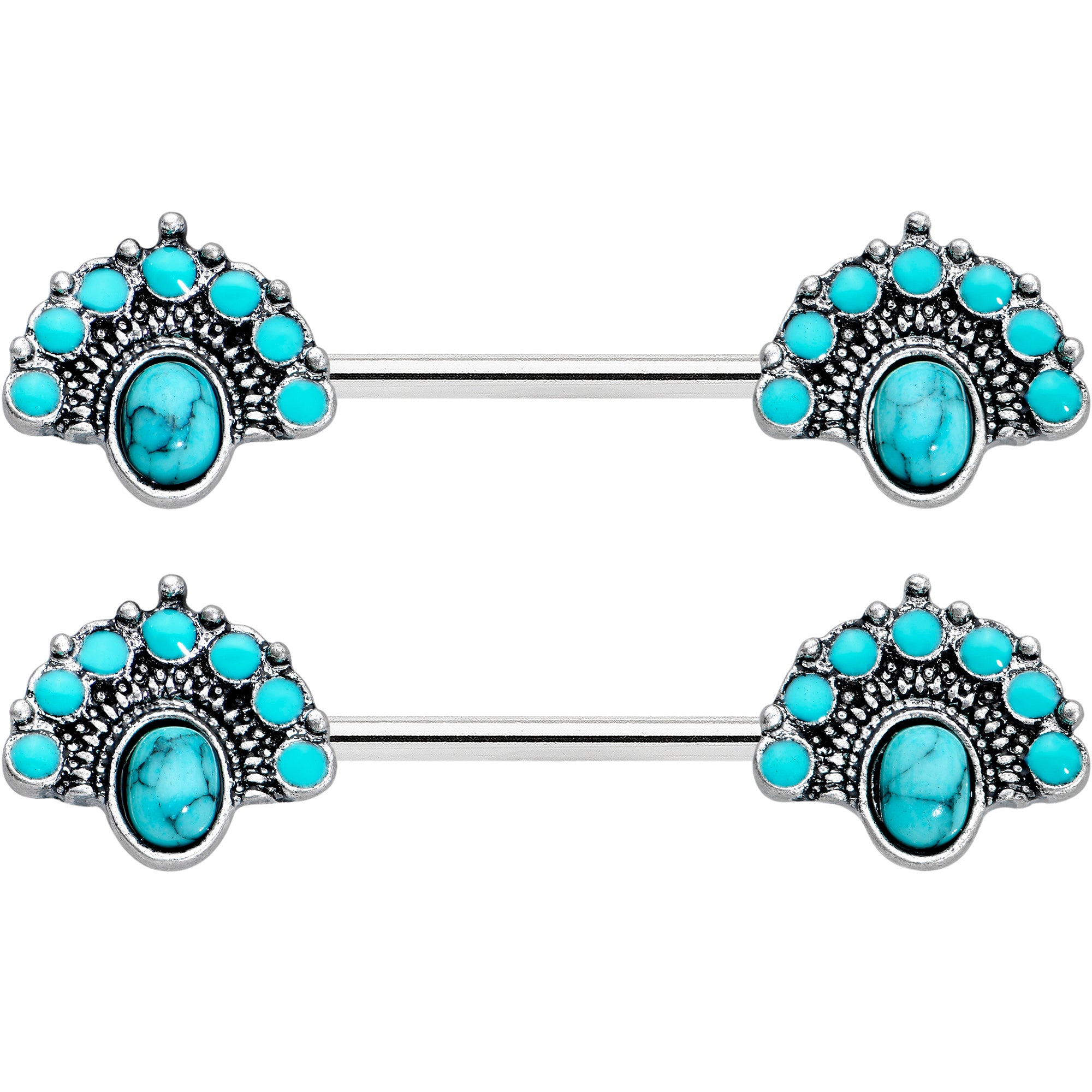 14G 9/16 Blue Turquoise Southwest Shield Barbell Nipple Ring Set