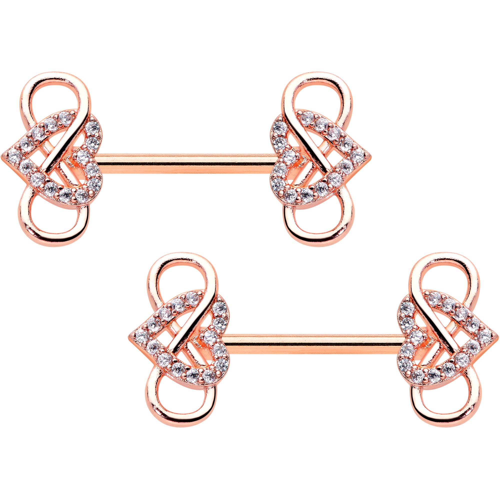 14G 1/2 Clear CZ Gem Rose Gold Hue Infinity Heart Nipple Ring Set