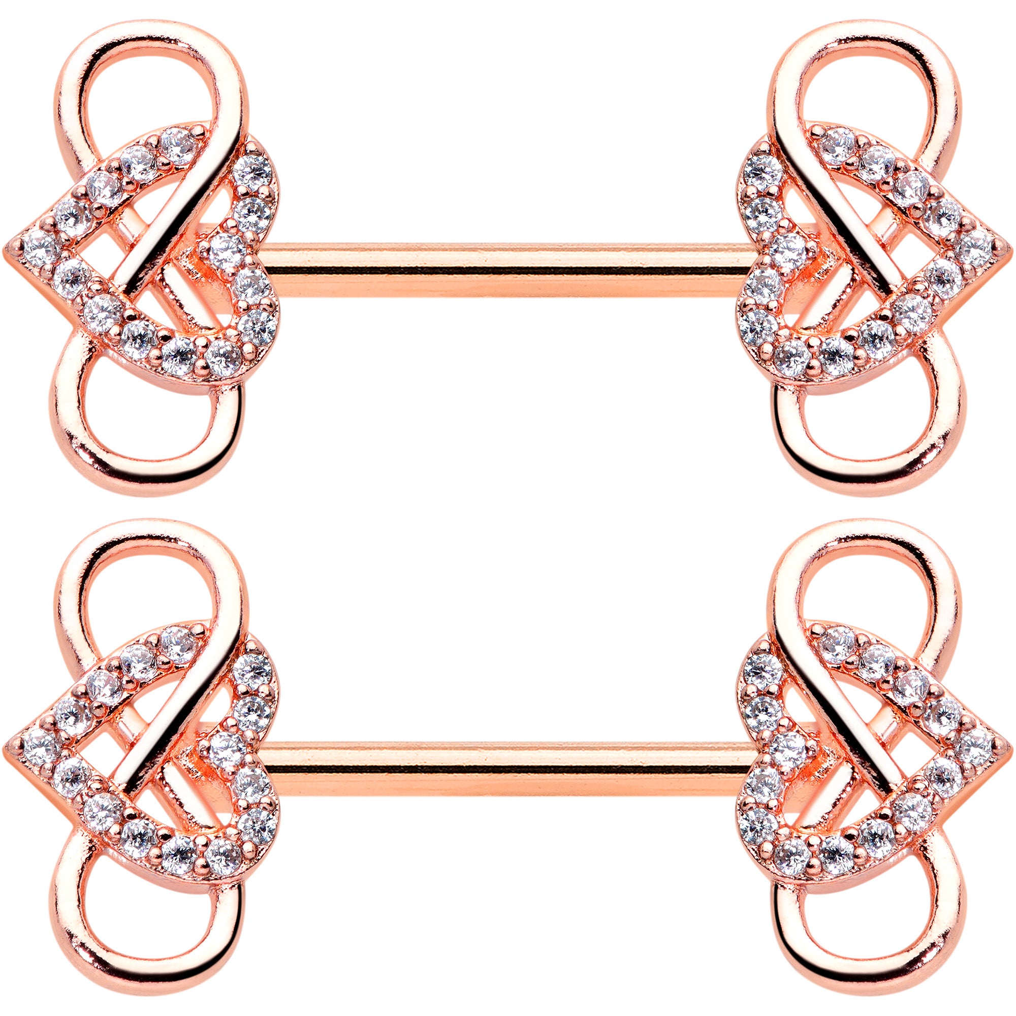 14G 1/2 Clear CZ Gem Rose Gold Hue Infinity Heart Nipple Ring Set