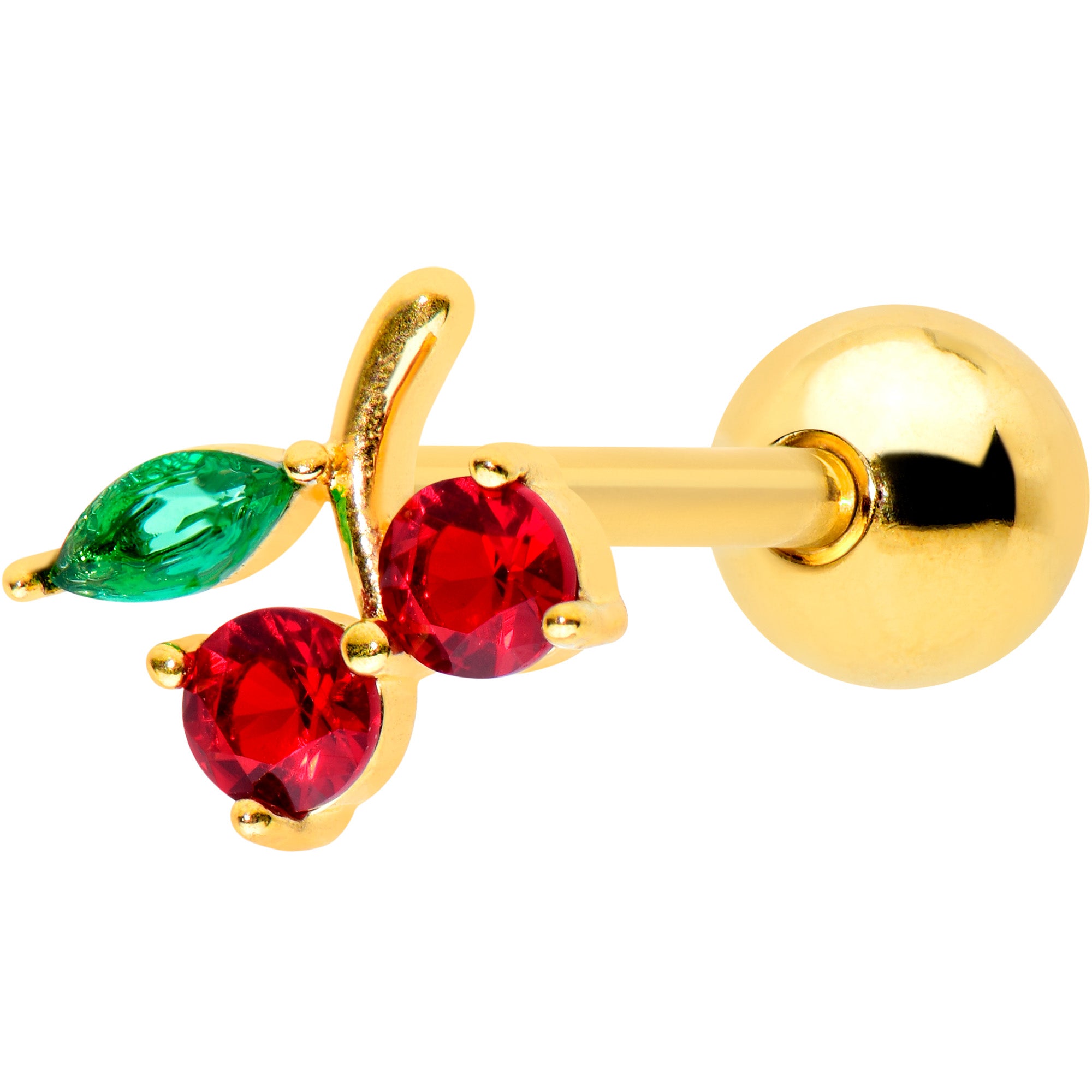 Red Green Gem Gold Tone Tasty Cherry Fruit Barbell Tongue Ring