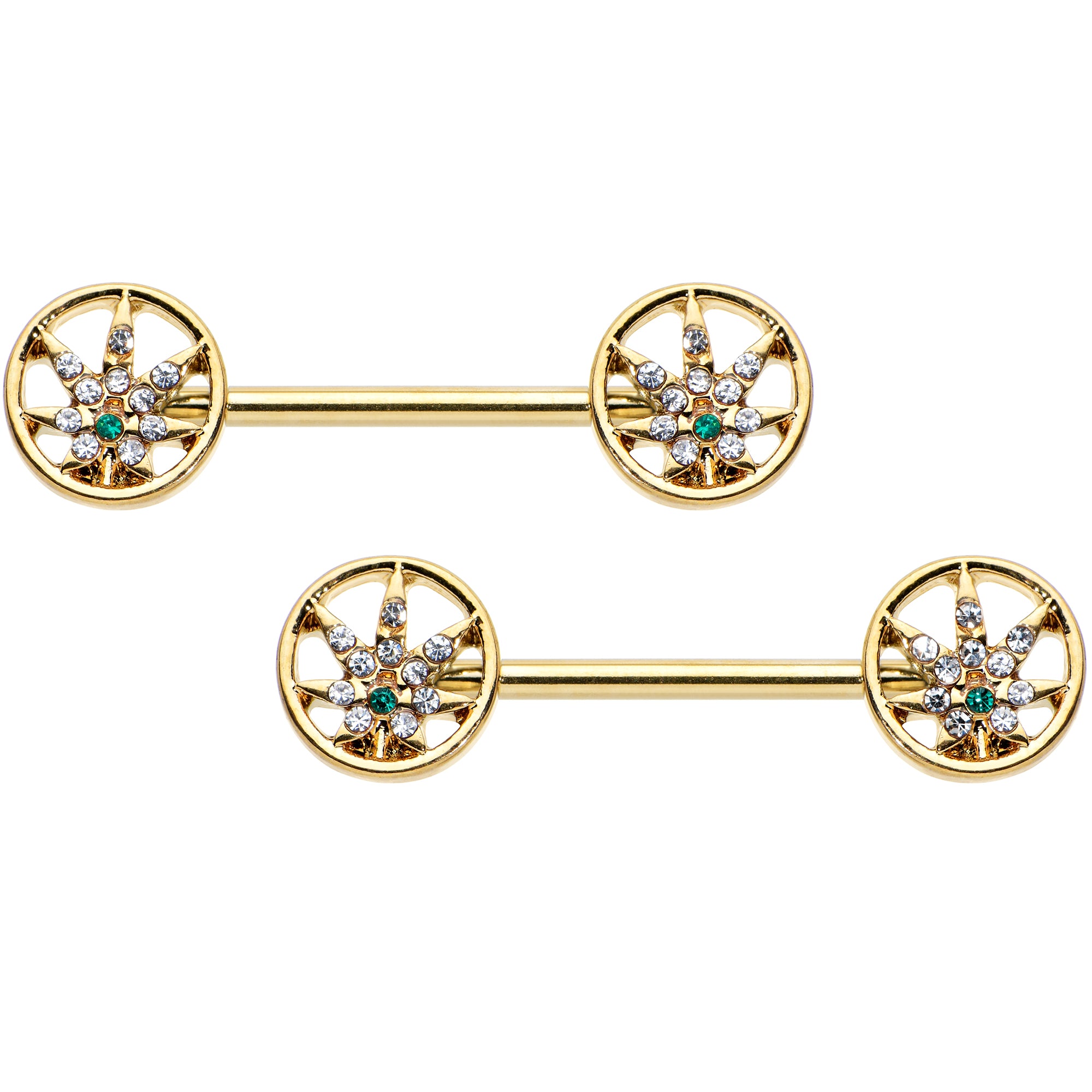 14G 9/16 Clear Green Gem Gold Hue Pot Leaf Circle Nipple Ring Set
