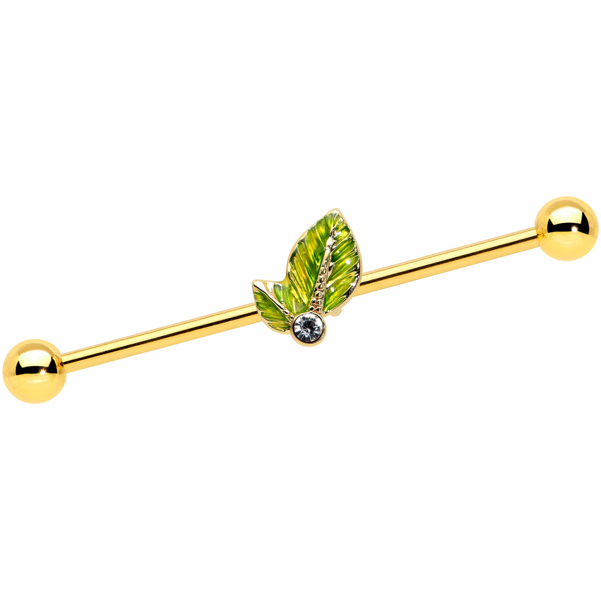 14G Clear Gem Gold Tone Lush Green Leaves Industrial Barbell 38mm