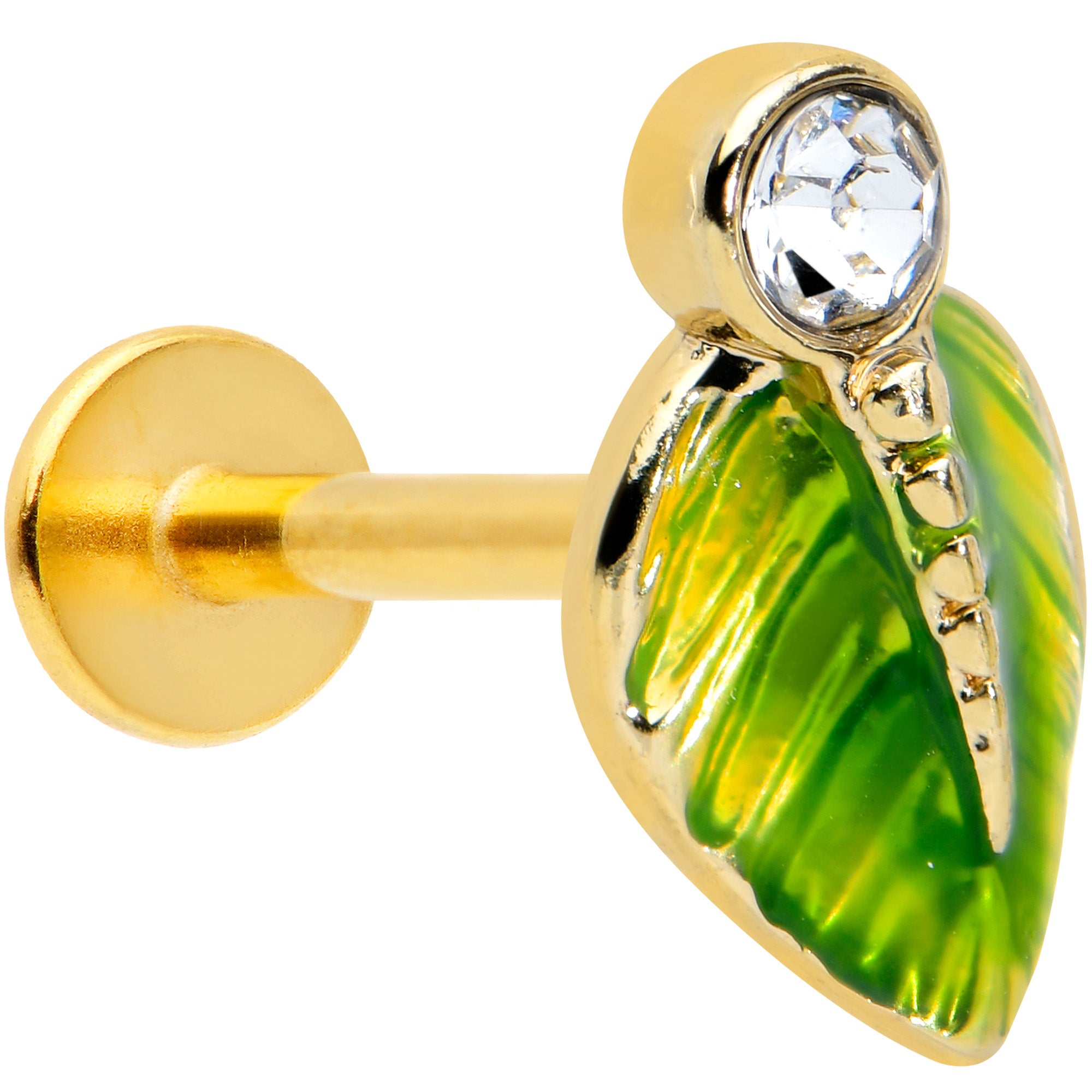 16G 5/16 Clear Gem Gold Tone Lush Green Leaf Labret Monroe Tragus