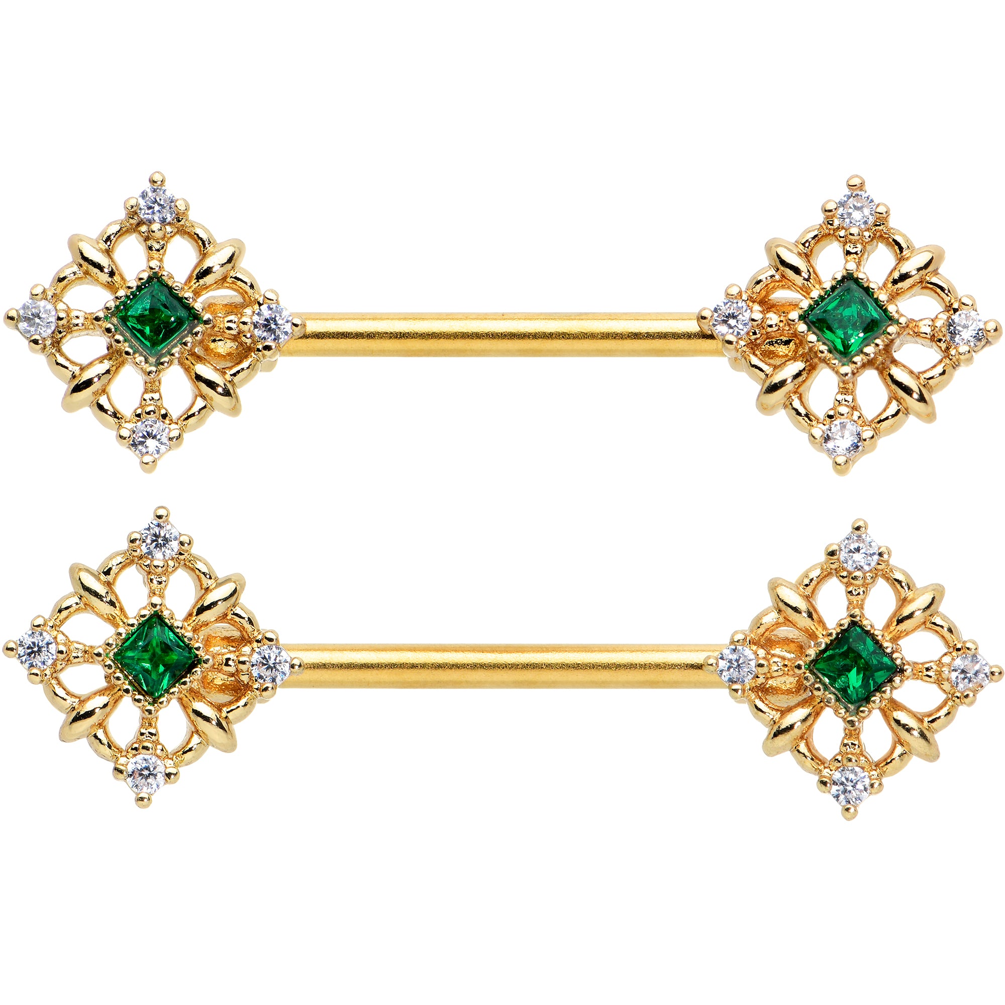 14G 9/16 Green Gem Gold Tone Noble Square Barbell Nipple Ring Set
