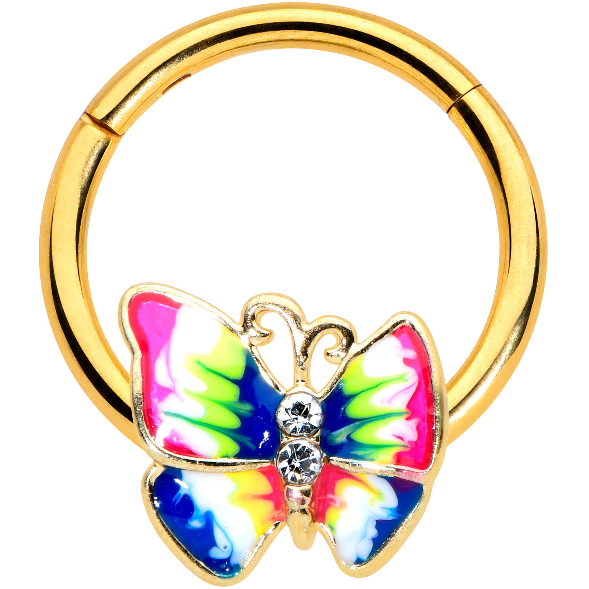 16G 3/8 Clear Gem Gold Tone Bright Butterfly Hinged Segment Ring