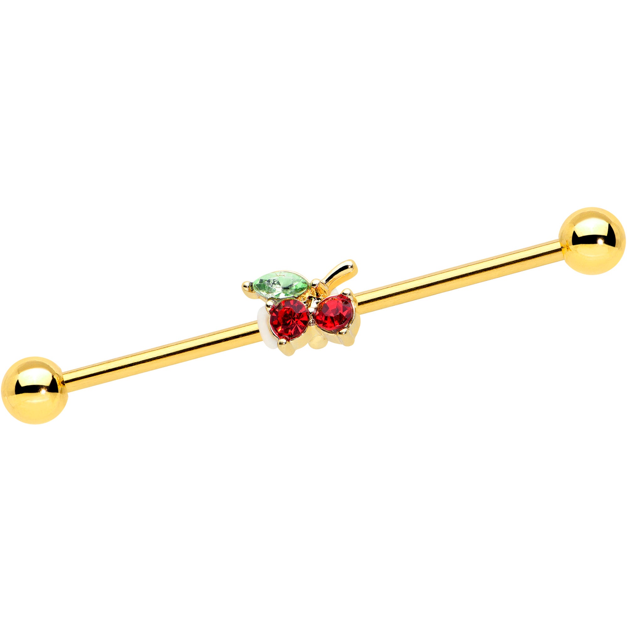 14G Red Gem Gold Tone Tasty Cherry Fruit Industrial Barbell 38mm