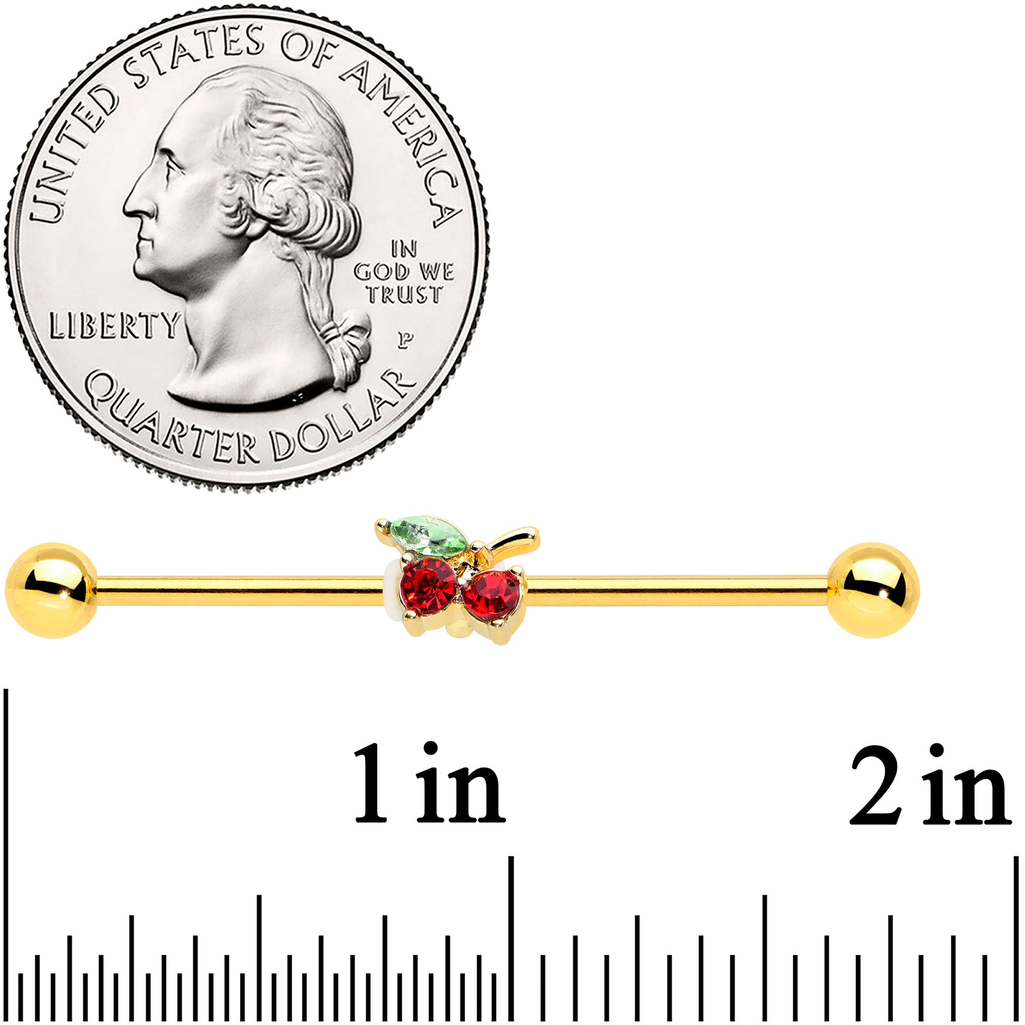 14G Red Gem Gold Tone Tasty Cherry Fruit Industrial Barbell 38mm