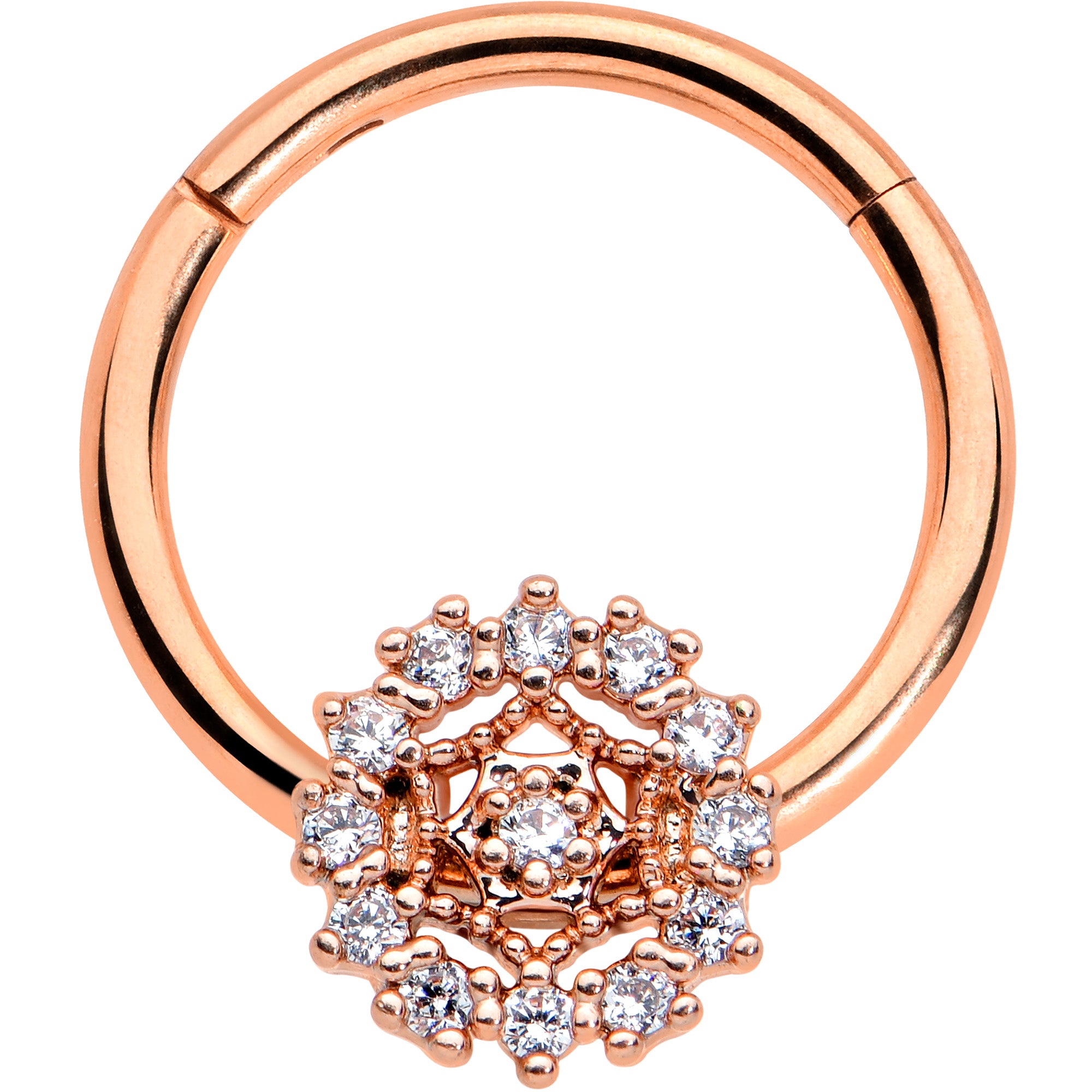 16G 3/8 Clear CZ Gem Rose Gold Tone Geo Web Hinged Segment Ring