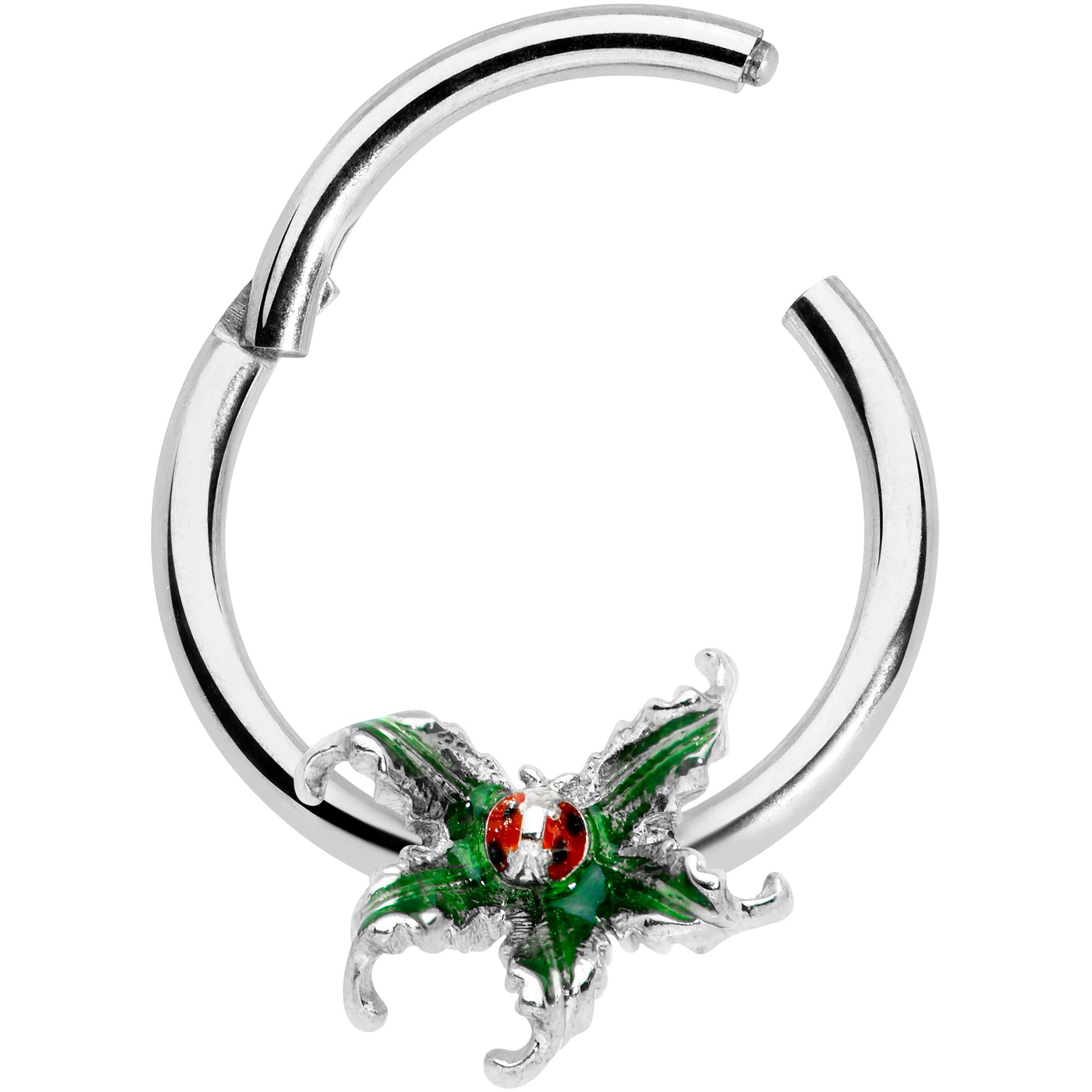 16G 3/8 Tiny Ladybug Leaves Hinged Segment Ring