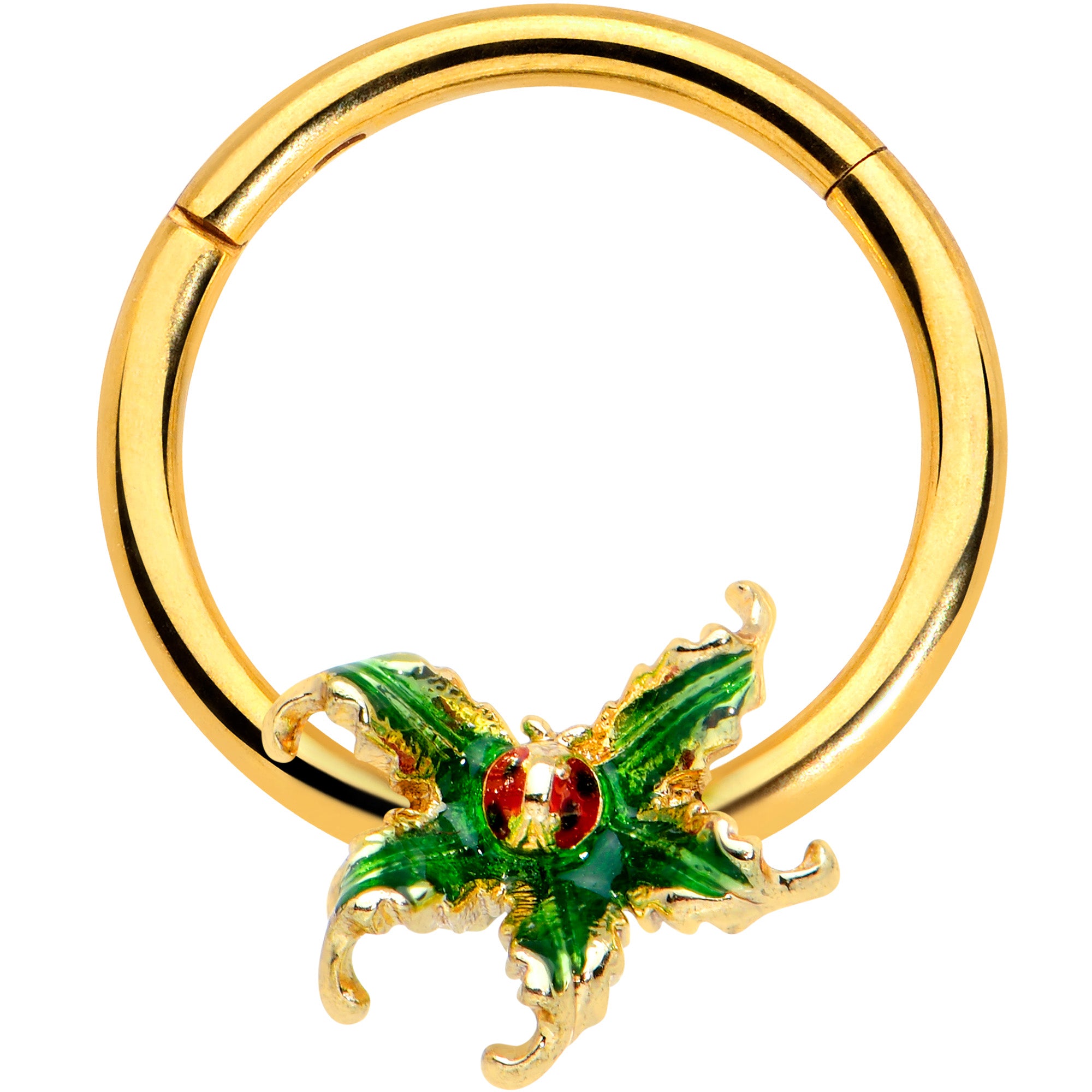 16G 3/8 Gold Tone Tiny Ladybug Leaves Hinged Segment Ring