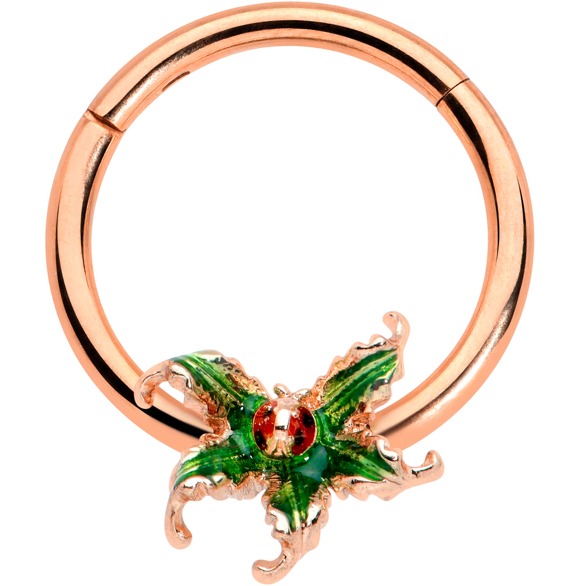 16G 3/8 Rose Gold Tone Tiny Ladybug Leaves Hinged Segment Ring