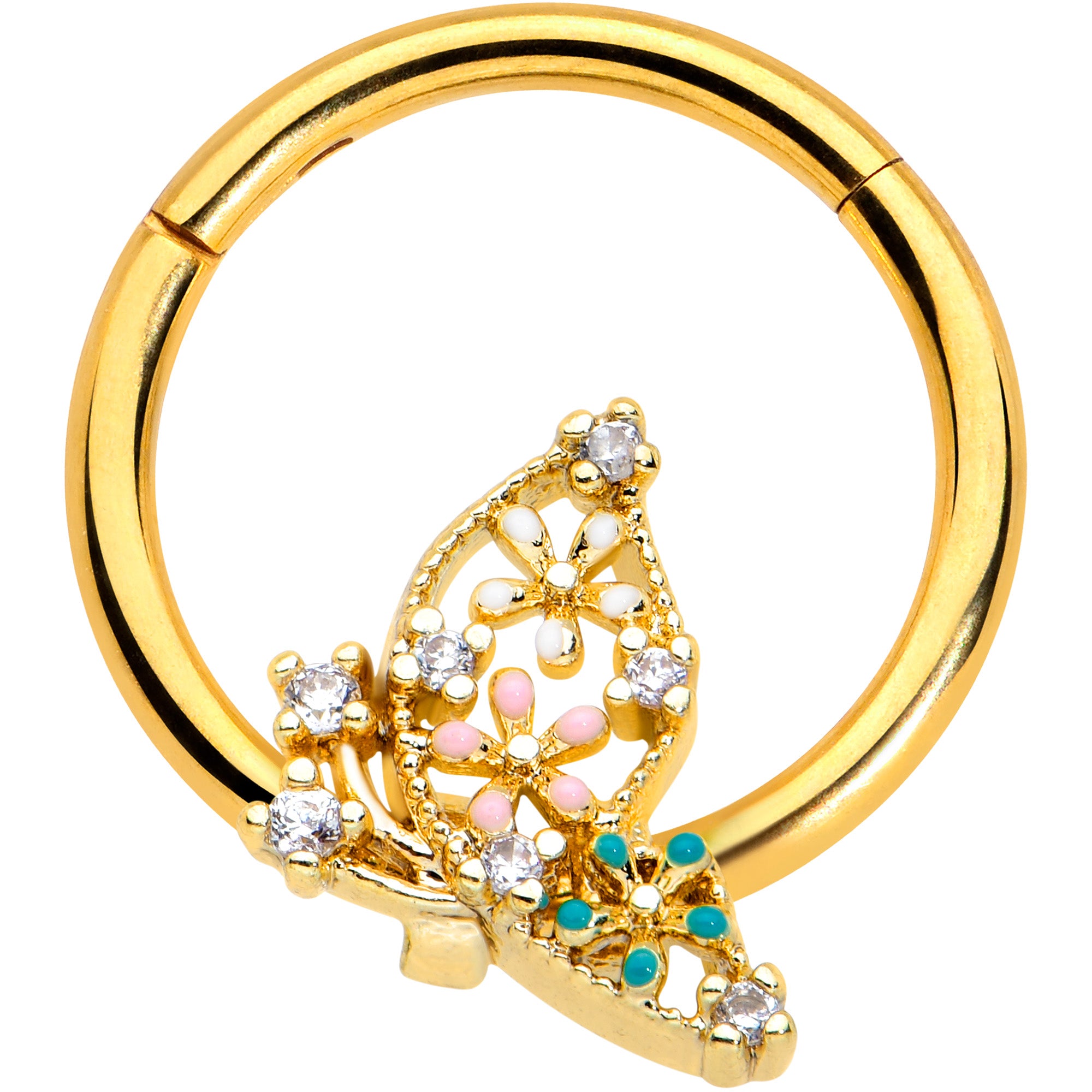 16G 3/8 Clear CZ Gem Gold Tone Abstract Hinged Segment Ring