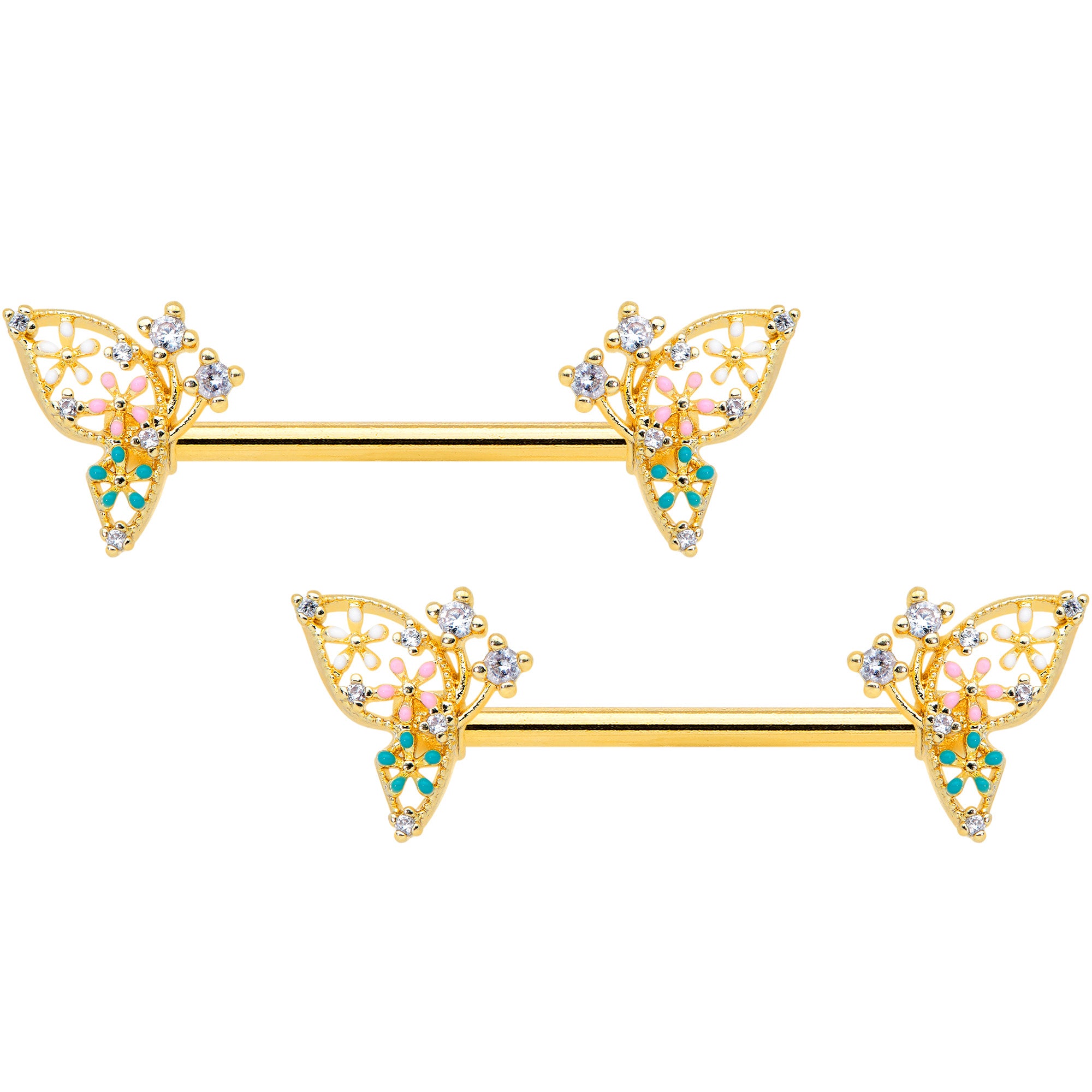 14G 9/16 Clear CZ Gem Gold Hue Abstract Butterfly Nipple Ring Set