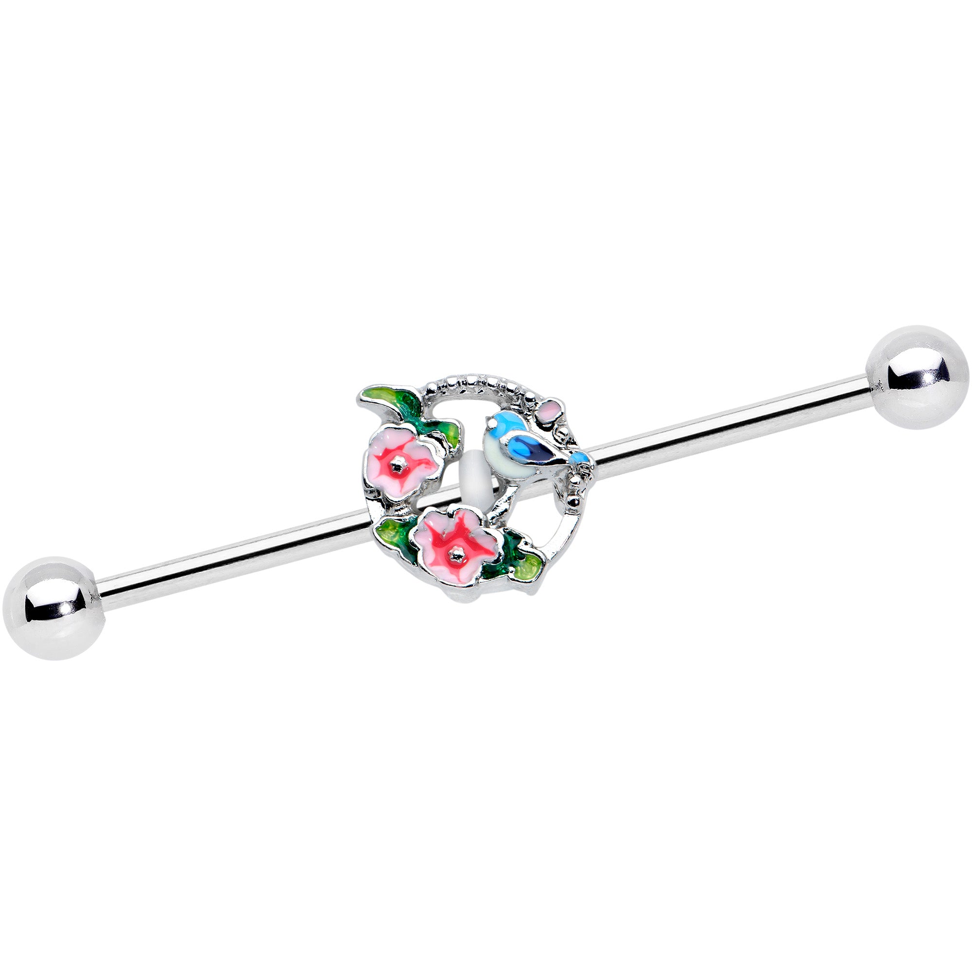 14G Little Blue Bird Pink Flowers Industrial Barbell 38mm
