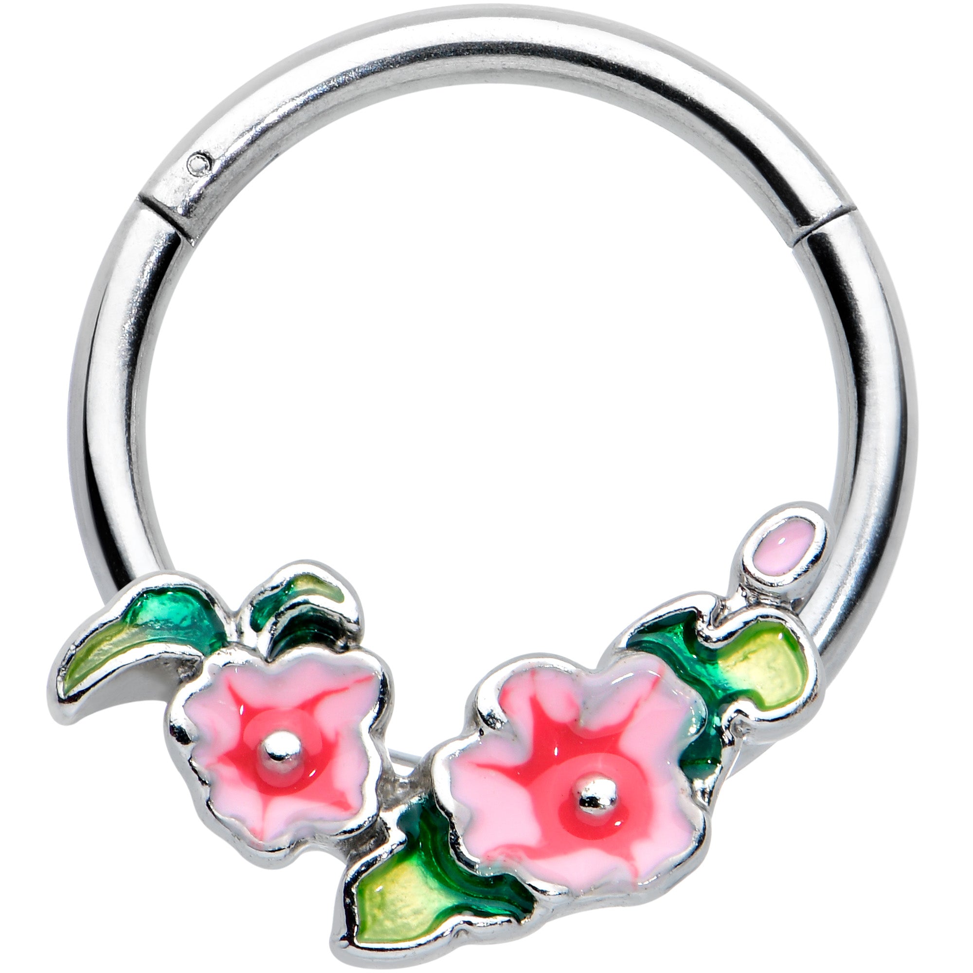16G 3/8 Lovely Pink Flowers Hinged Segment Ring
