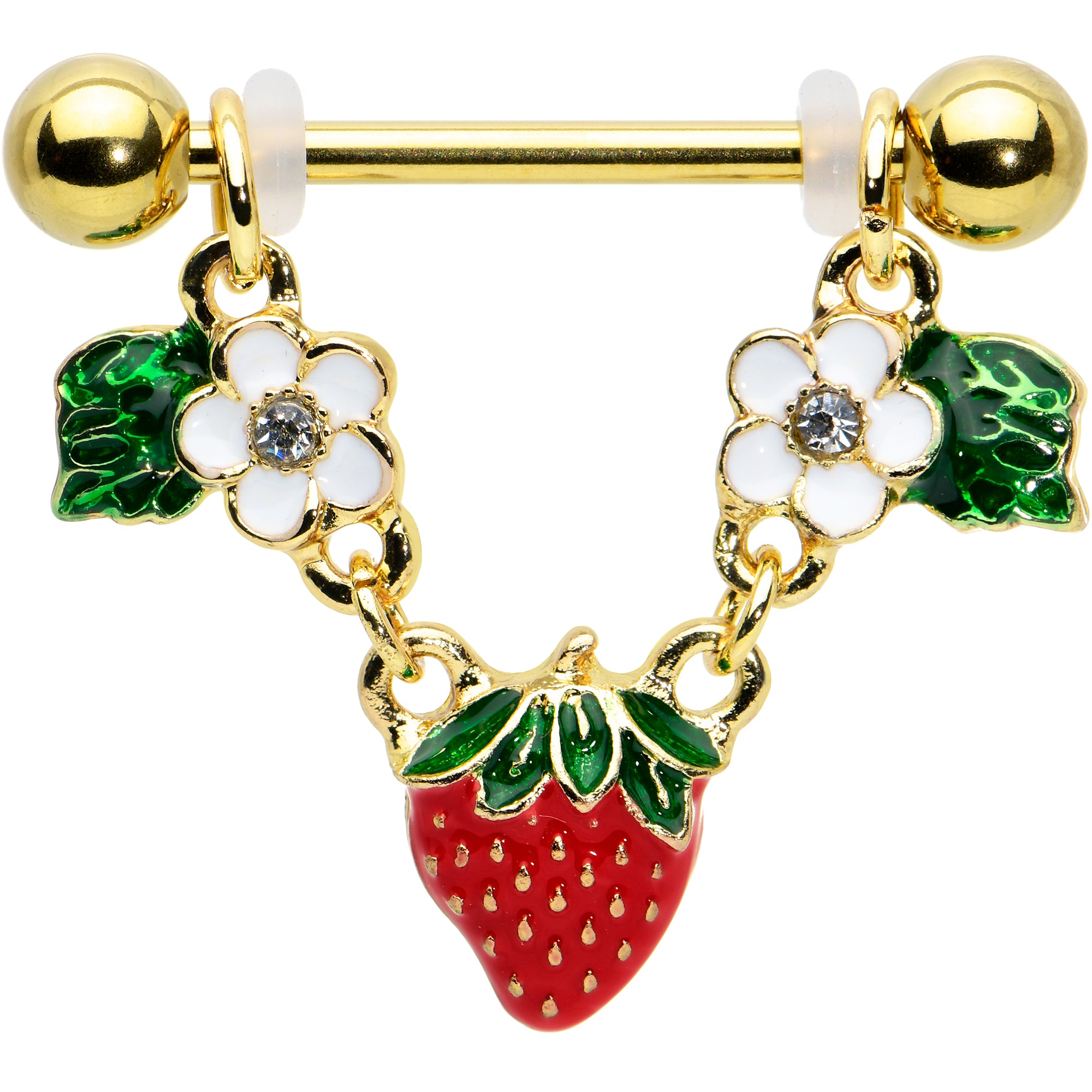 14G 9/16 Clear Gem Gold Tone Strawberry Dangle Nipple Ring Set