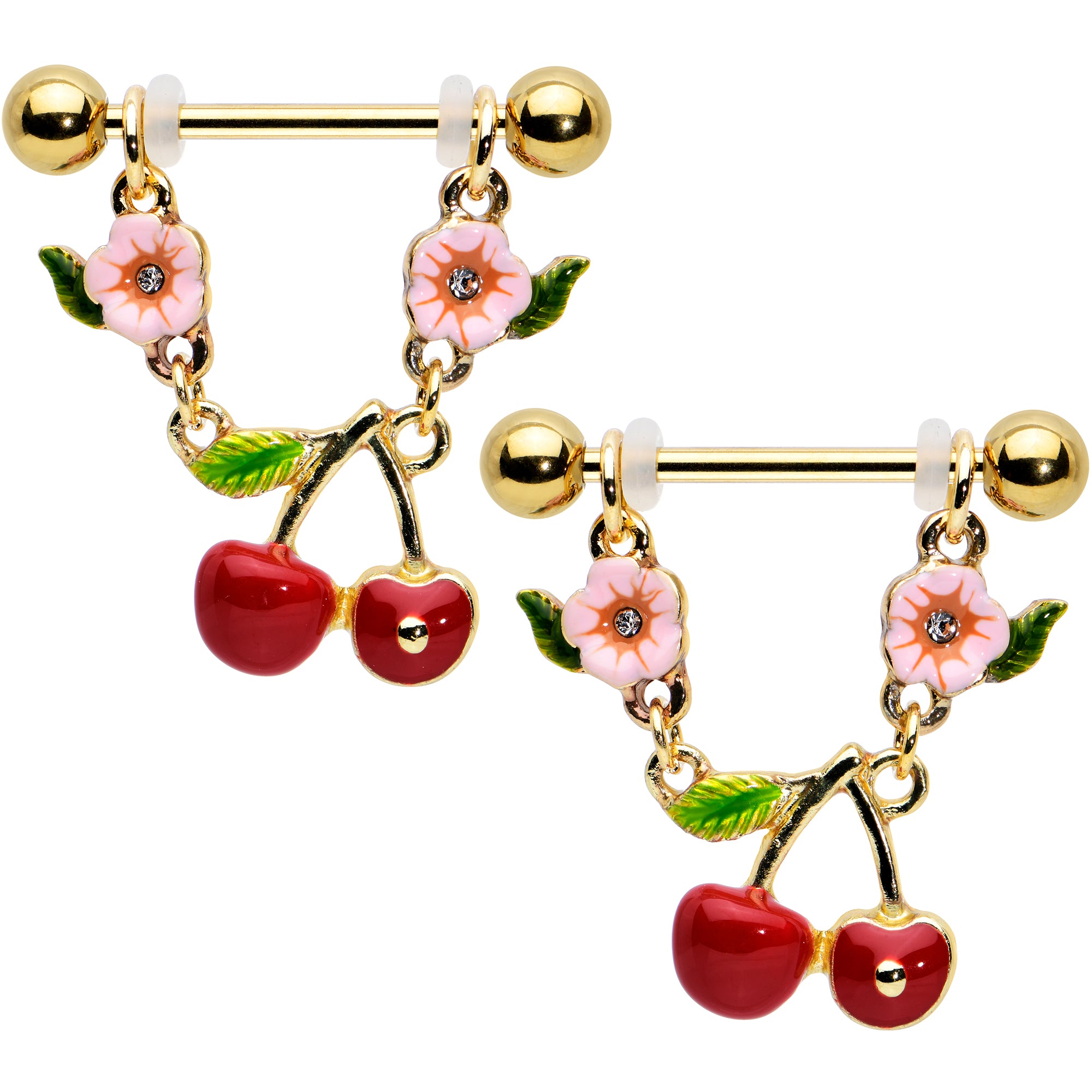 14G 9/16 Clear Gem Gold Tone Cherry Fruit Dangle Nipple Ring Set