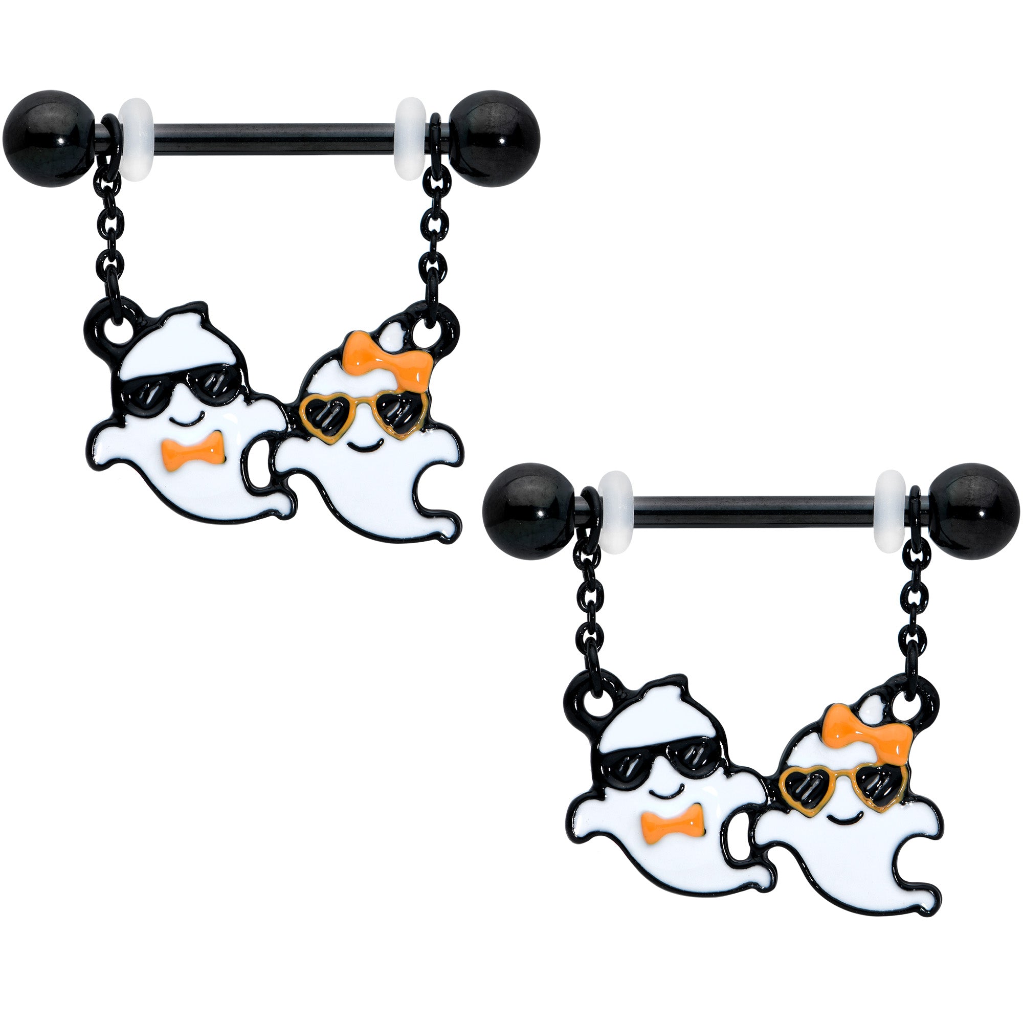 14G 9/16 Black Date Night Ghosts Halloween Dangle Nipple Ring Set