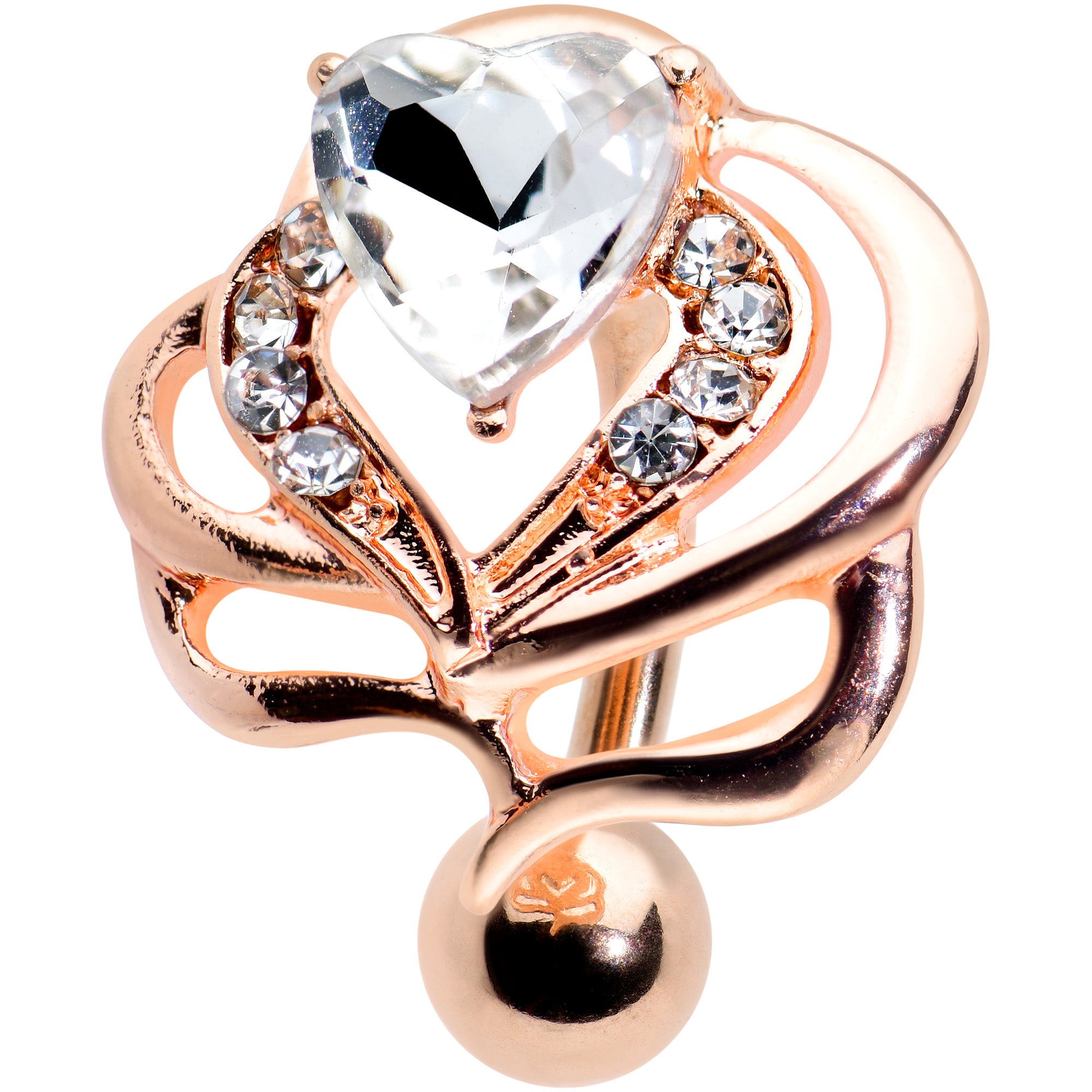 Clear Gem Rose Gold Tone Swirls Heart Top Mount Belly Ring