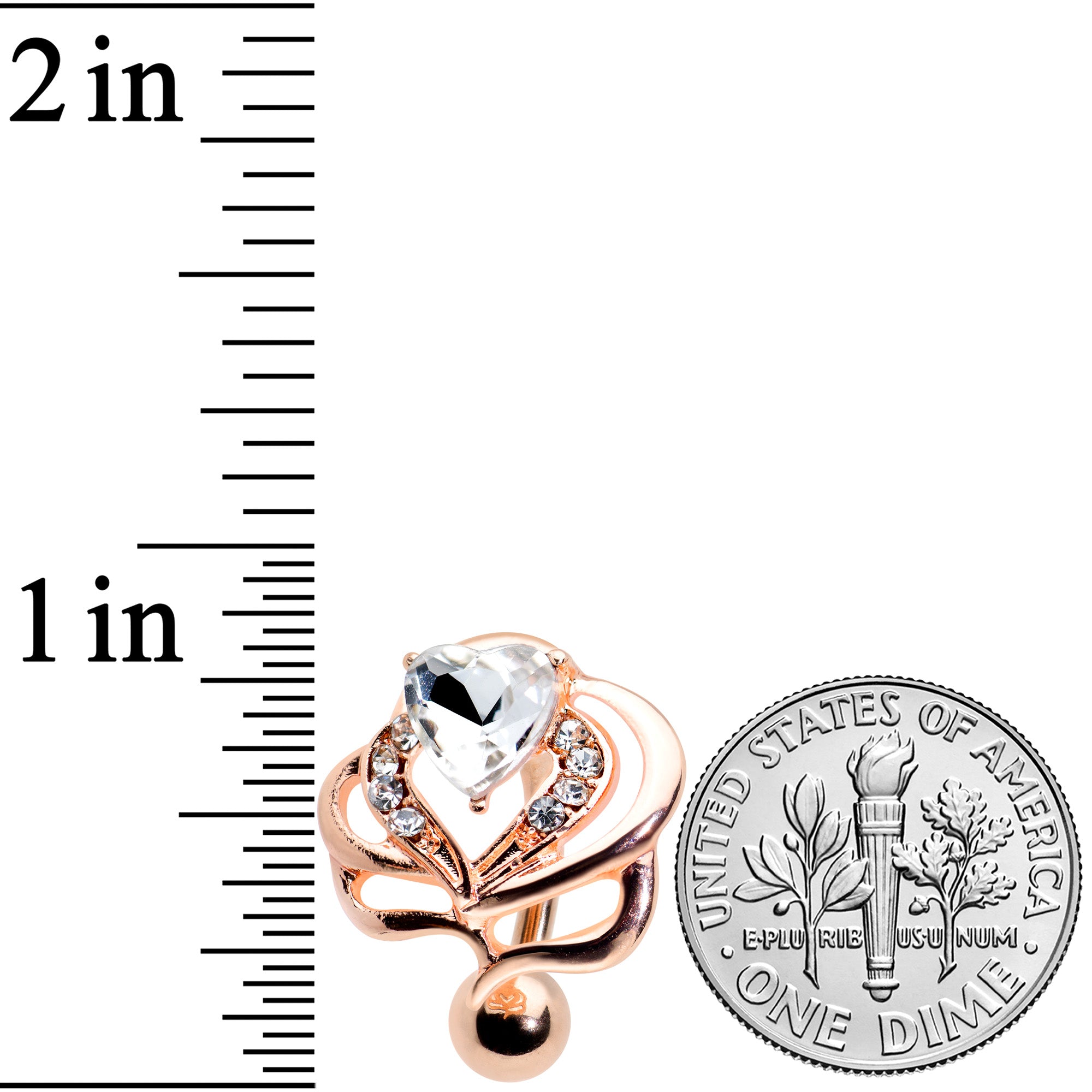 Clear Gem Rose Gold Tone Swirls Heart Top Mount Belly Ring