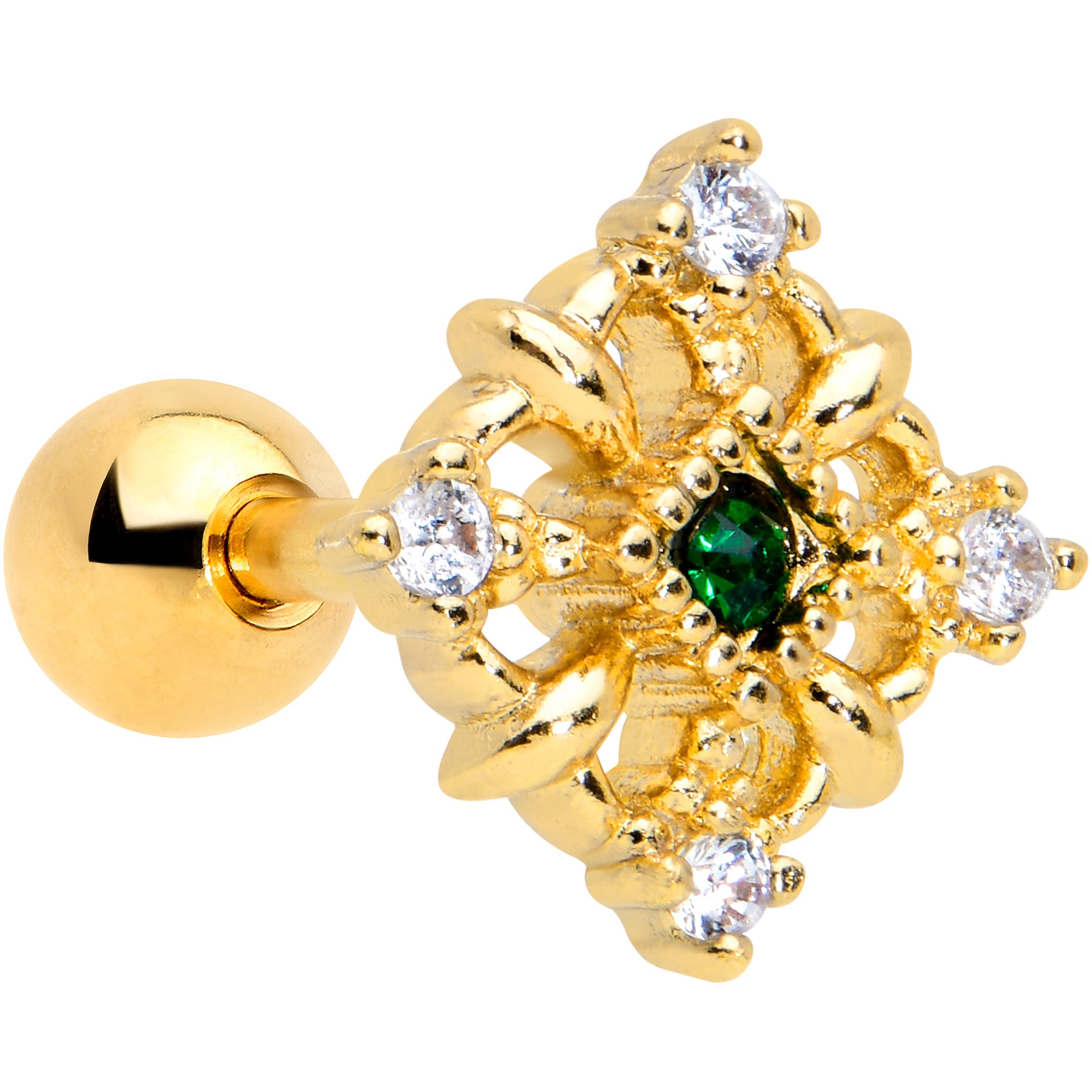 16G 1/4 Green Gem Gold Tone Noble Square Cartilage Tragus Earring