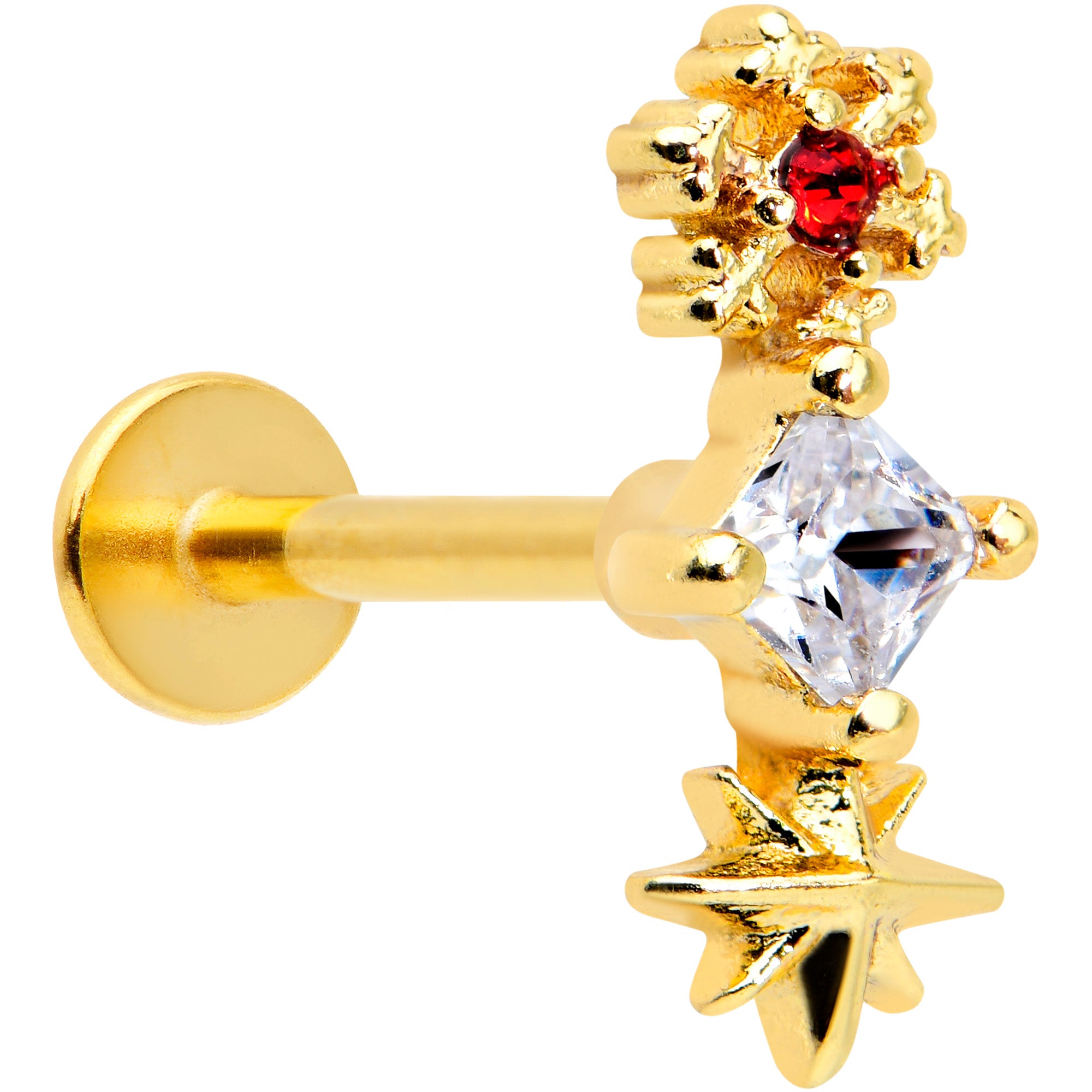 16G 5/16 Clear Red Gem Gold Tone Star Snowflake Labret Tragus