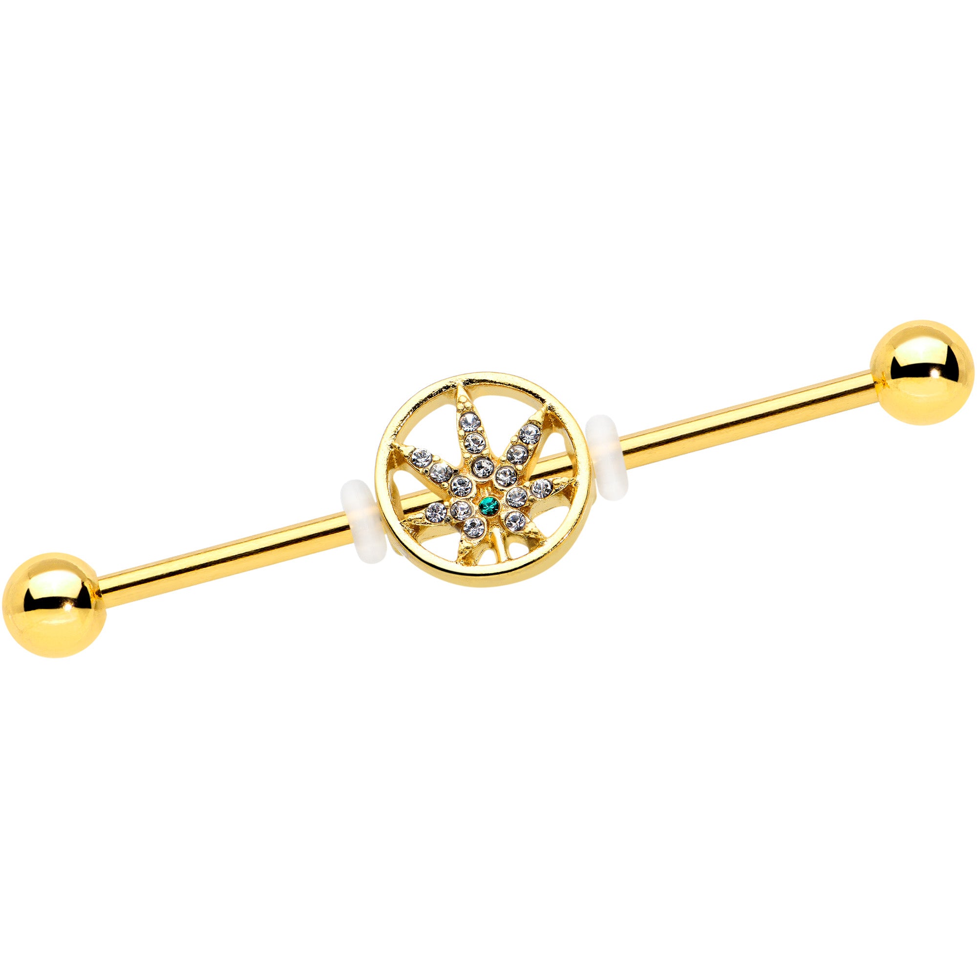 14G Clear Gem Gold Tone Pot Leaf Circle Industrial Barbell 38mm