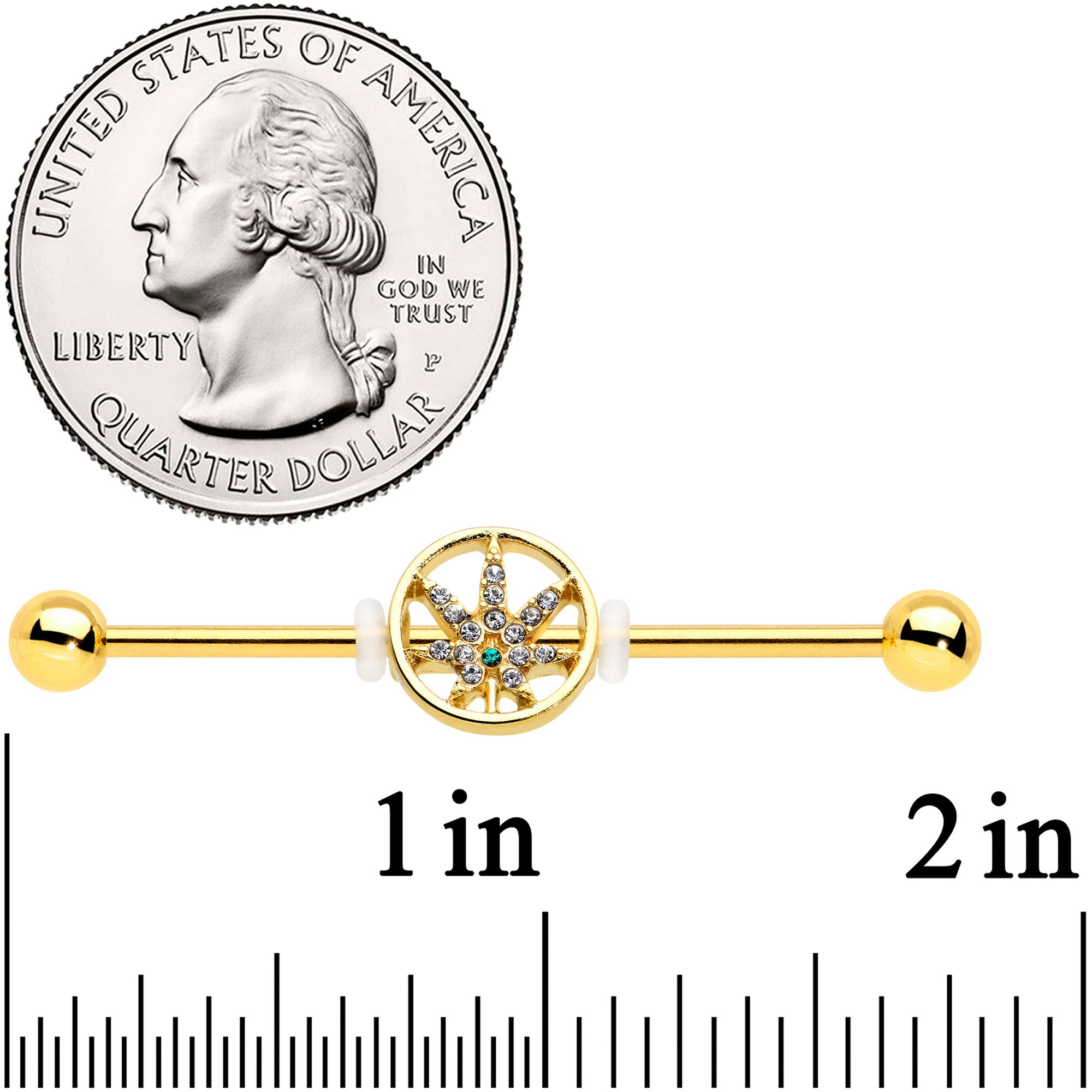 14G Clear Gem Gold Tone Pot Leaf Circle Industrial Barbell 38mm