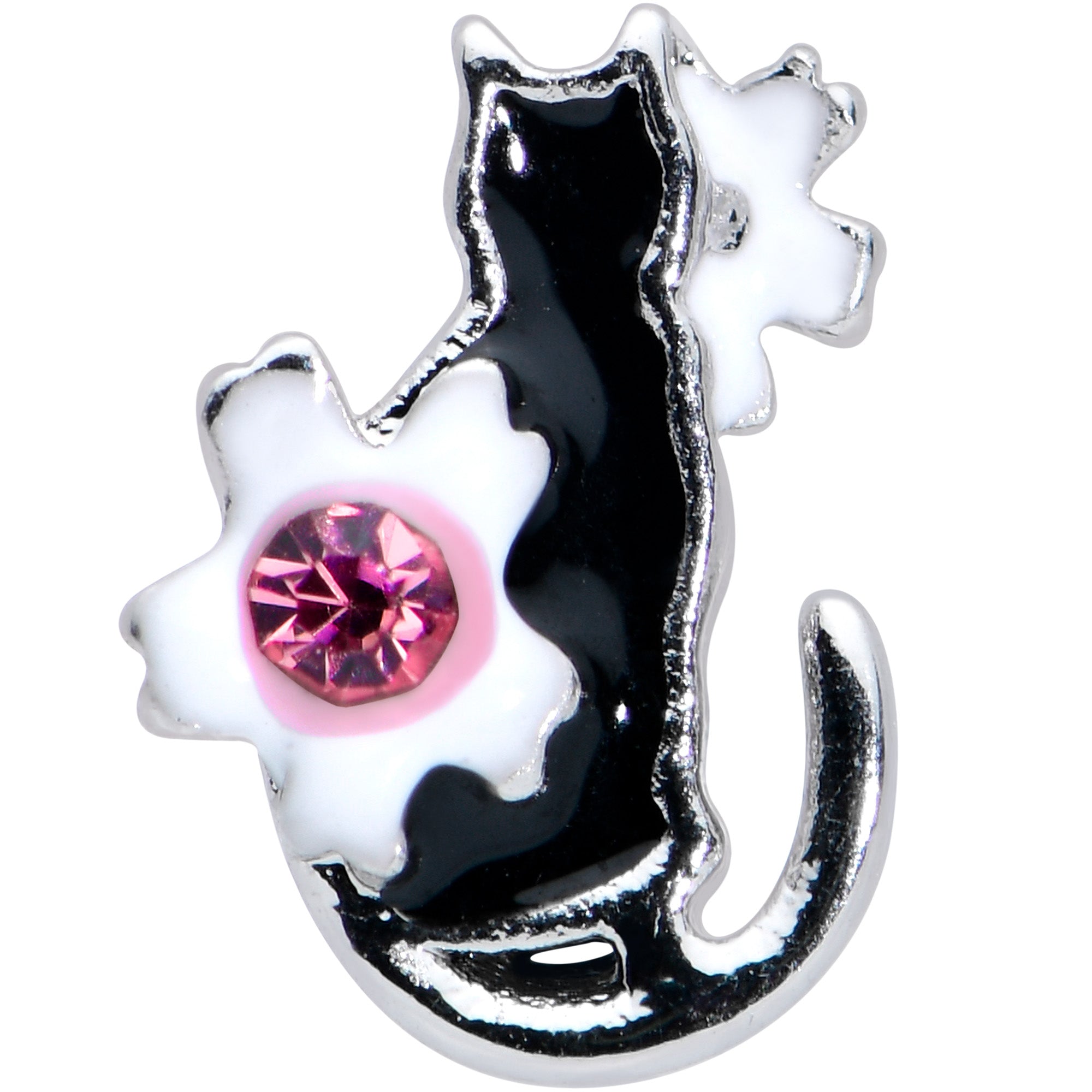 20G 1/4 Pink Gem Black Cat White Flowers Nose Bone